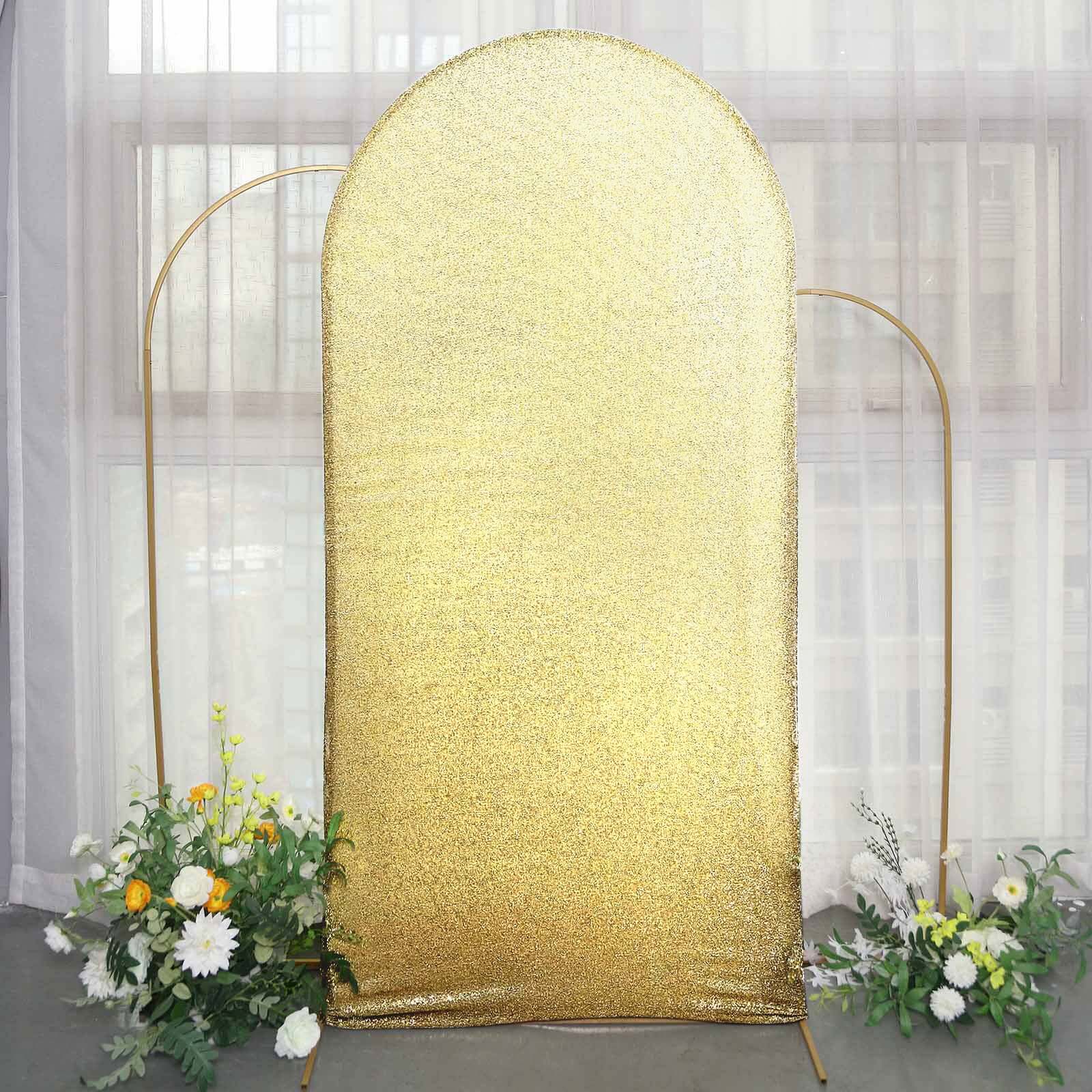 Champagne Shimmer Tinsel Spandex Wedding Arch Cover For Fitted Round Top Chiara Backdrop Stand 7ft - Image 2