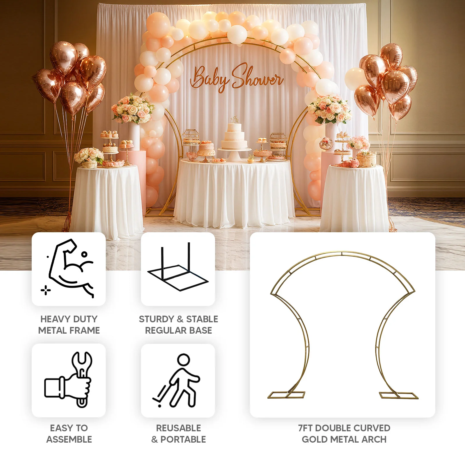 7ft Double-Curved Metal Arch Frame – Gold Backdrop, Balloon & Flower Arrangement Display Stand - Image 4