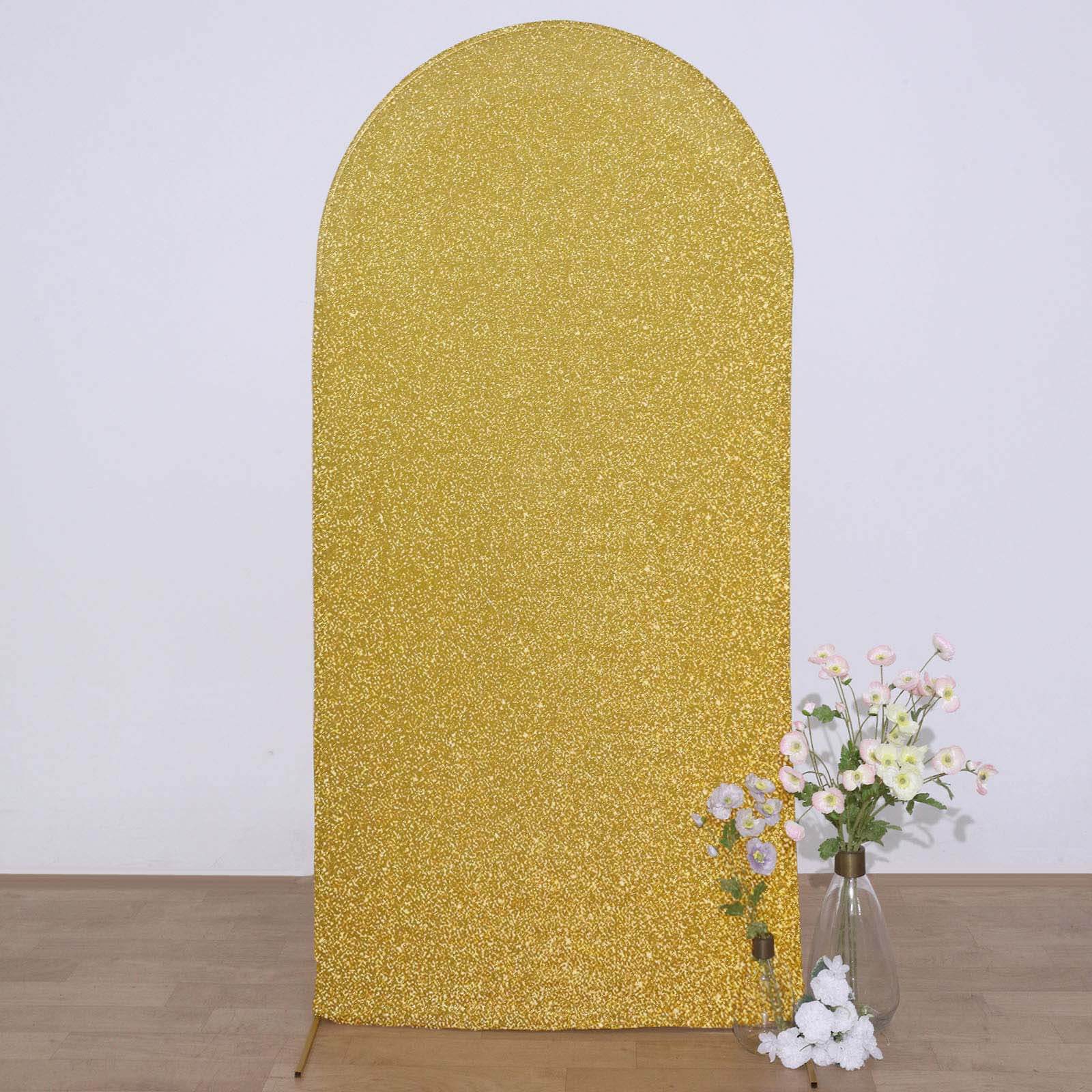 Gold Shimmer Tinsel Spandex Wedding Arch Cover For Fitted Round Top Chiara Backdrop Stand 7ft