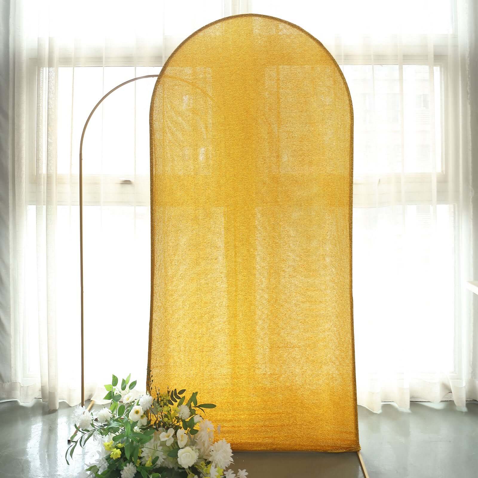Gold Shimmer Tinsel Spandex Wedding Arch Cover For Fitted Round Top Chiara Backdrop Stand 7ft - Image 10