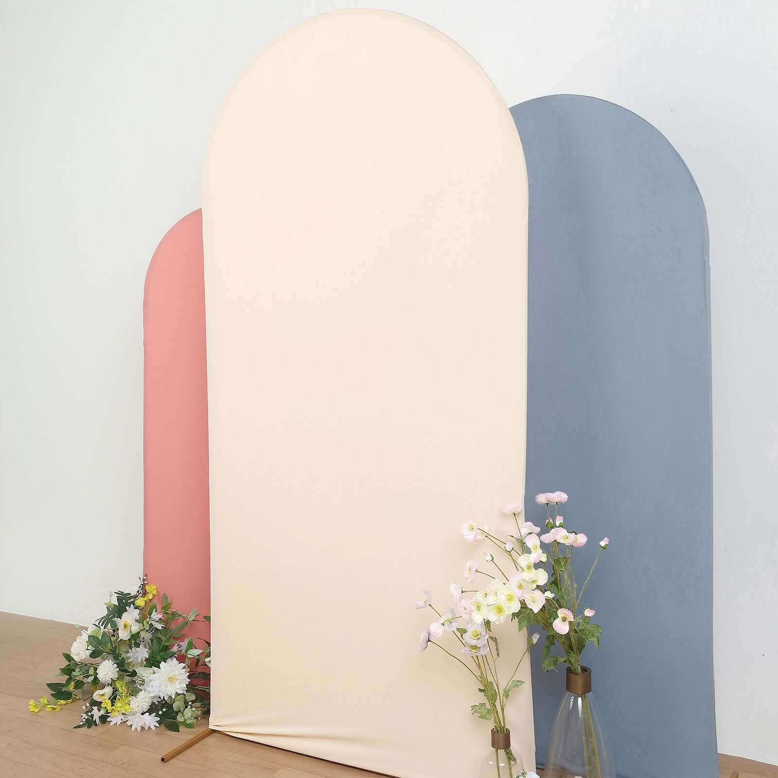 Matte Beige Spandex Fitted Wedding Arch Cover For Round Top Chiara Backdrop Stand 7ft - Image 2