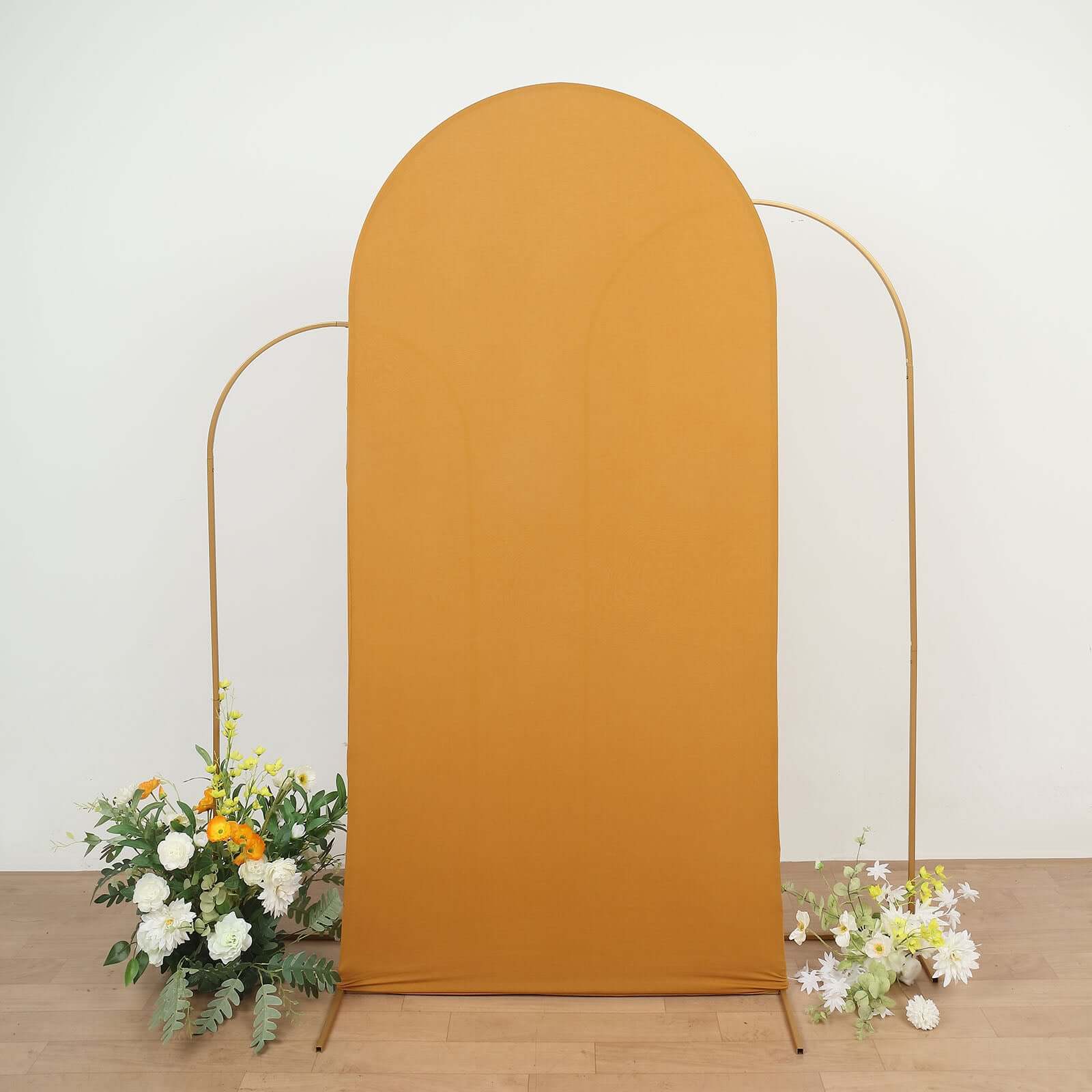 Matte Gold Spandex Fitted Wedding Arch Cover For Round Top Chiara Backdrop Stand 7ft