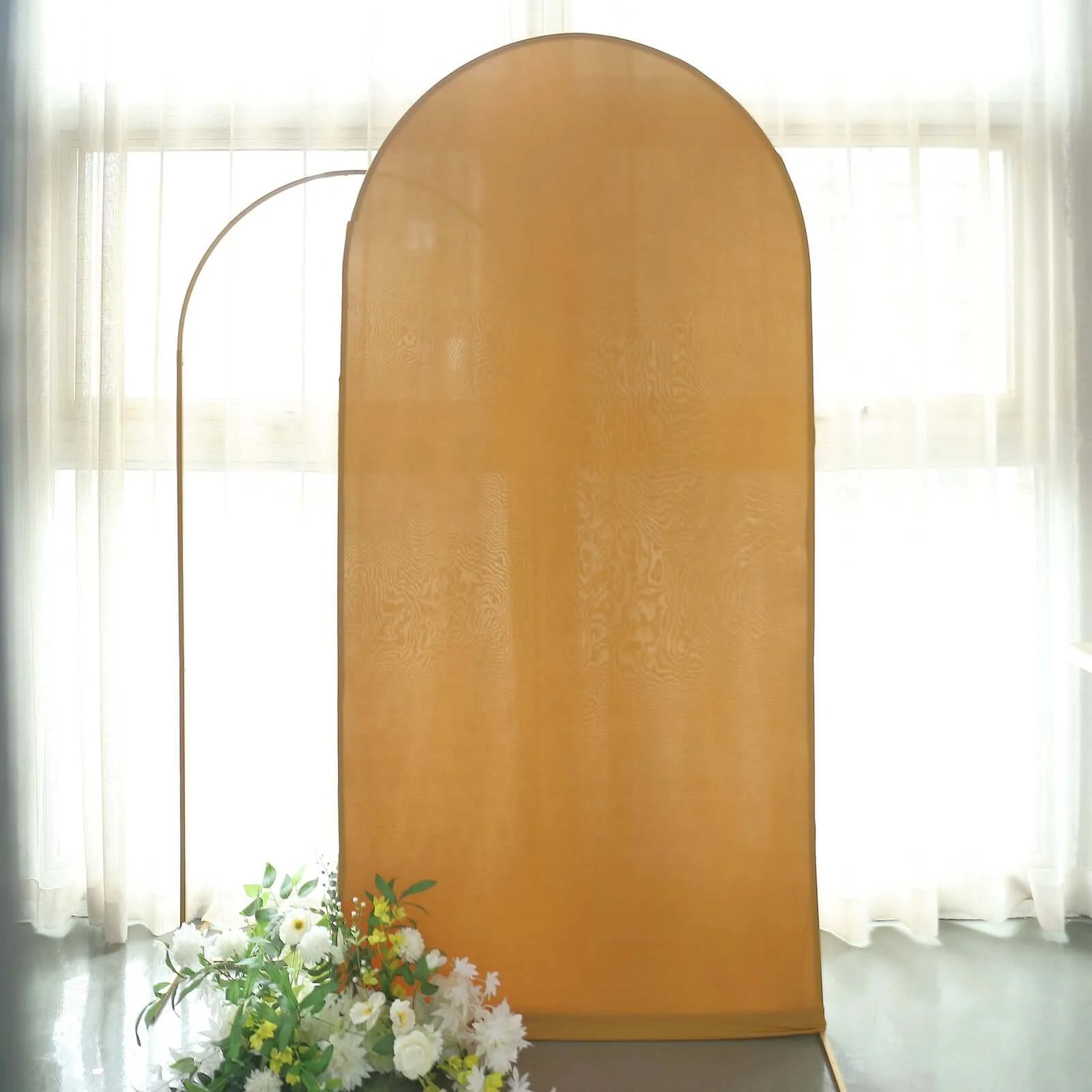 Matte Gold Spandex Fitted Wedding Arch Cover For Round Top Chiara Backdrop Stand 7ft - Image 7