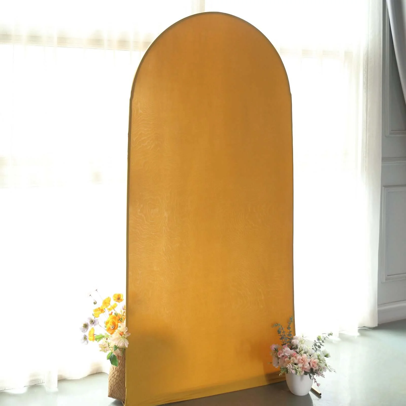 Matte Gold Spandex Fitted Wedding Arch Cover For Round Top Chiara Backdrop Stand 7ft - Image 8