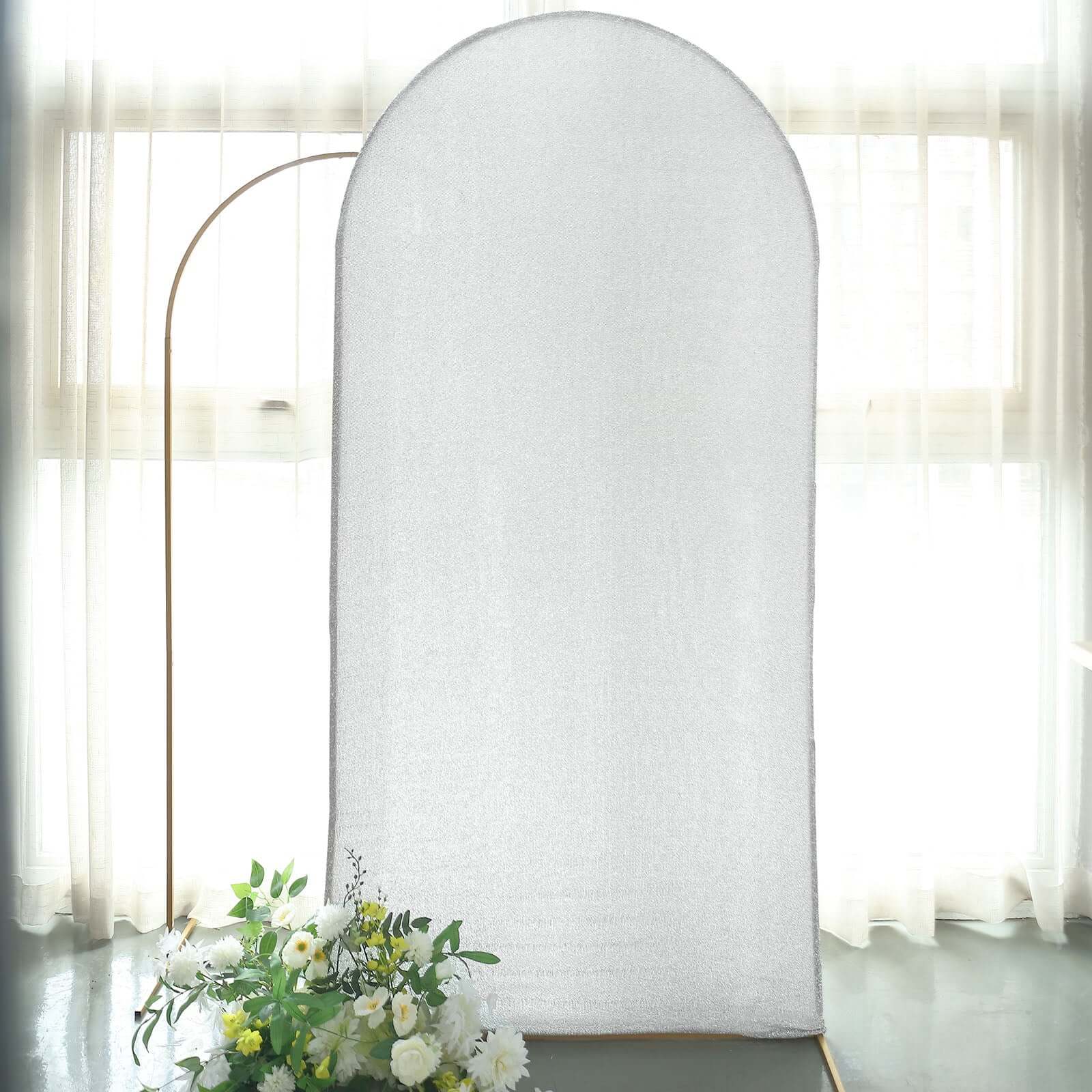 Silver Shimmer Tinsel Spandex Wedding Arch Cover For Fitted Round Top Chiara Backdrop Stand 7ft - Image 10