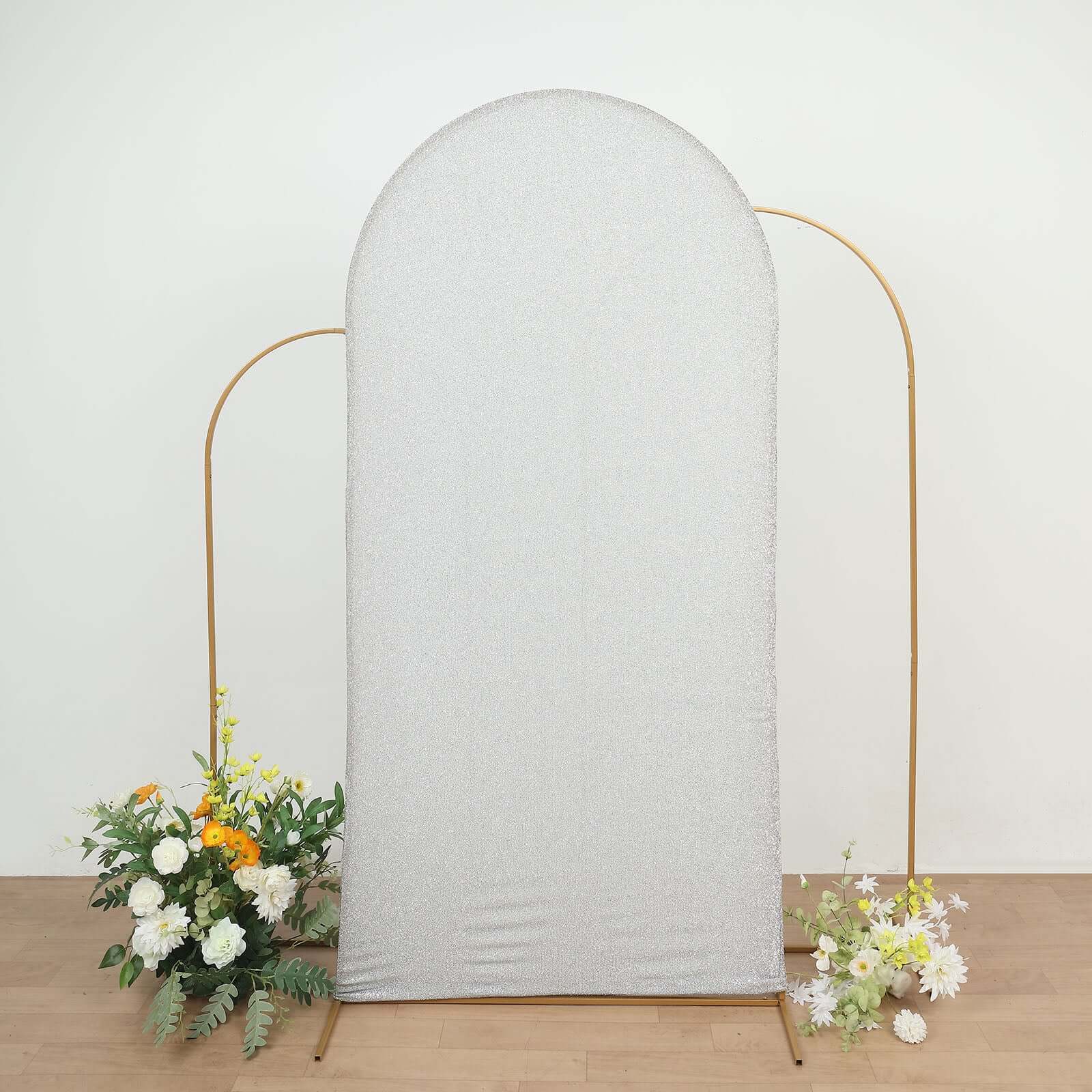 Silver Shimmer Tinsel Spandex Wedding Arch Cover For Fitted Round Top Chiara Backdrop Stand 7ft - Image 5