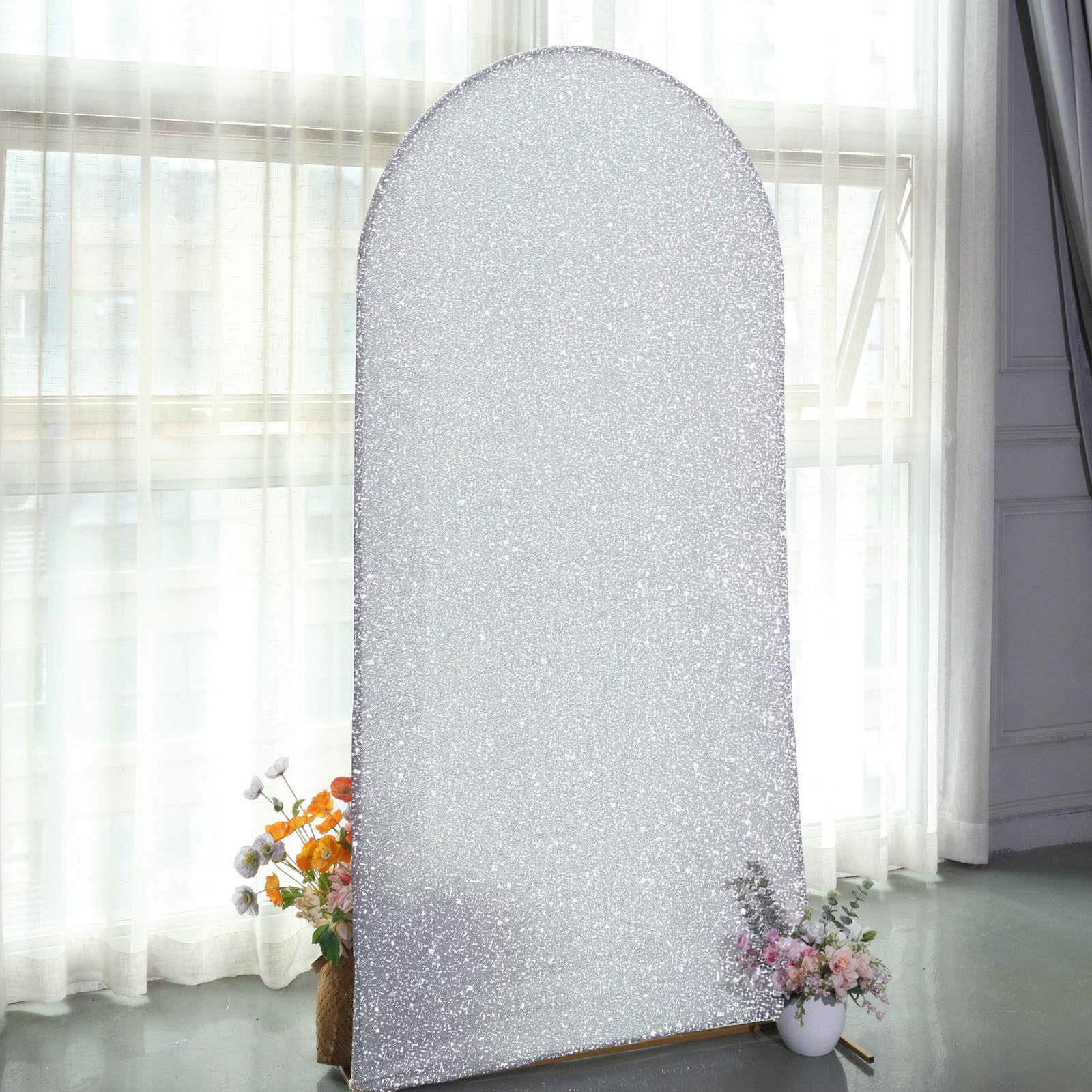 Silver Shimmer Tinsel Spandex Wedding Arch Cover For Fitted Round Top Chiara Backdrop Stand 7ft - Image 7