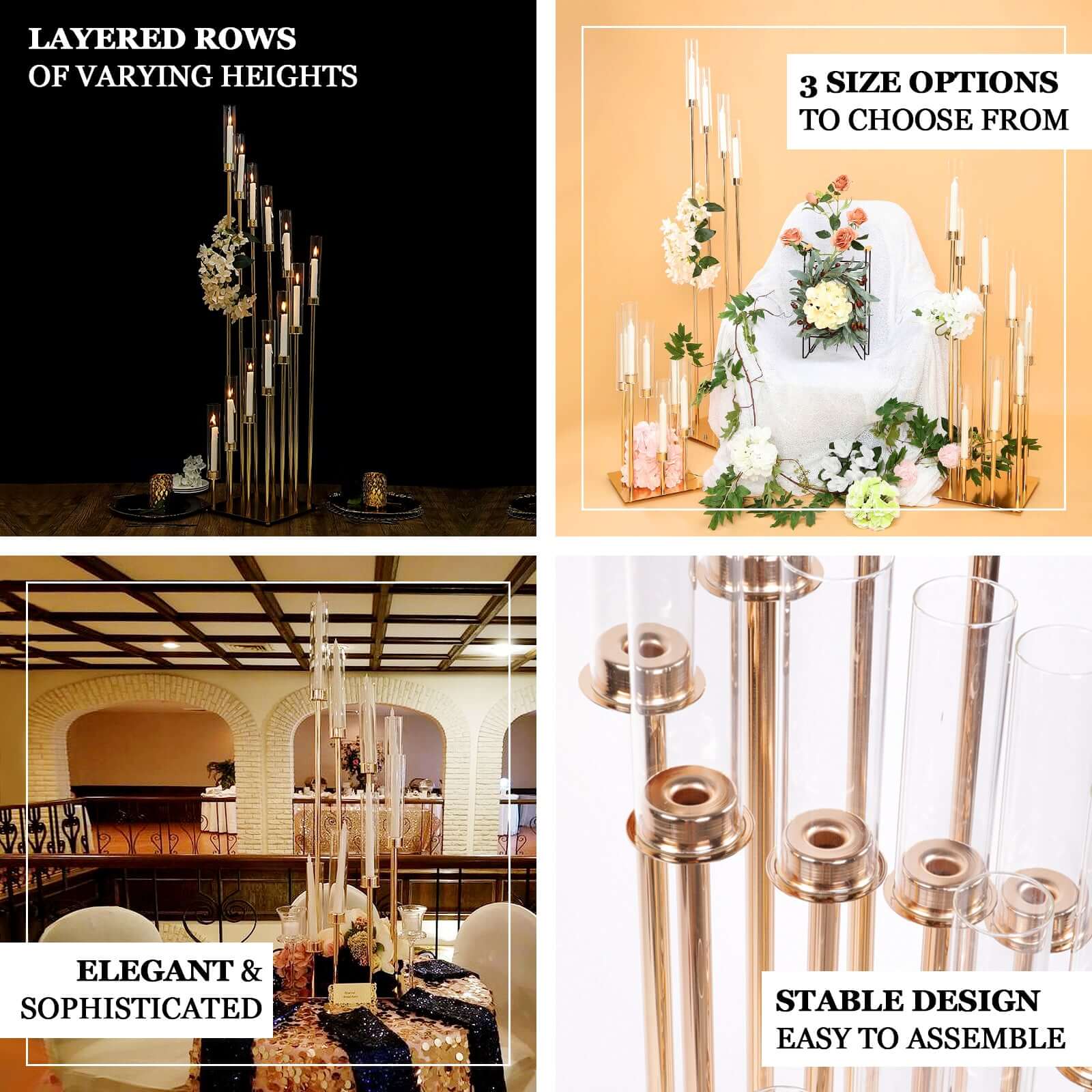 8 Arm Cluster Taper Candle Holder 42" Gold With Clear Glass Shades - Large Candle Arrangement for Sophisticated Wedding Party Event Table Centerpiece - Image 4