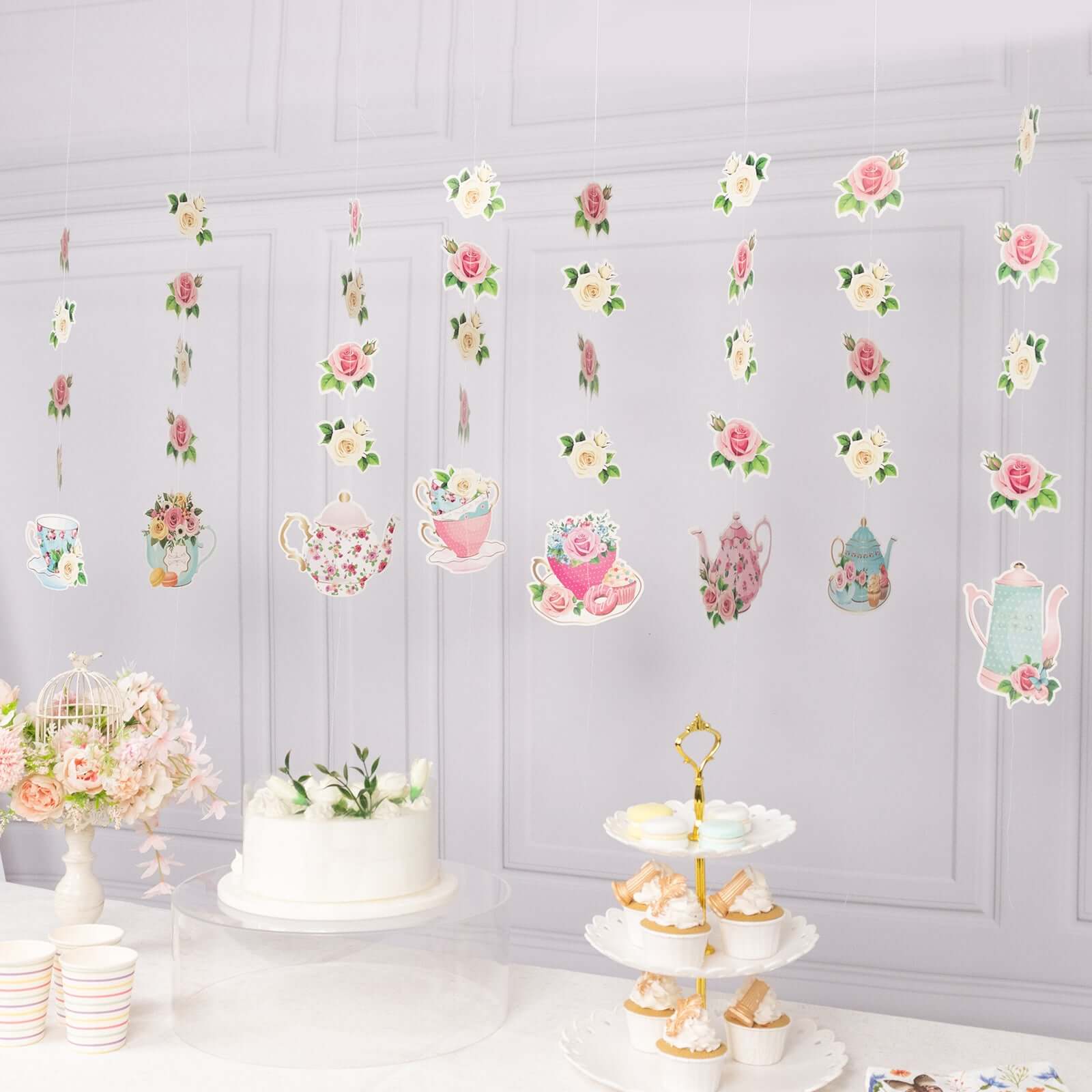 8 Pack Double Sided Floral Tea Party Paper Garland, Pre-Assembled Mixed Teapot Banner Hanging Decorations - 40" - Image 14