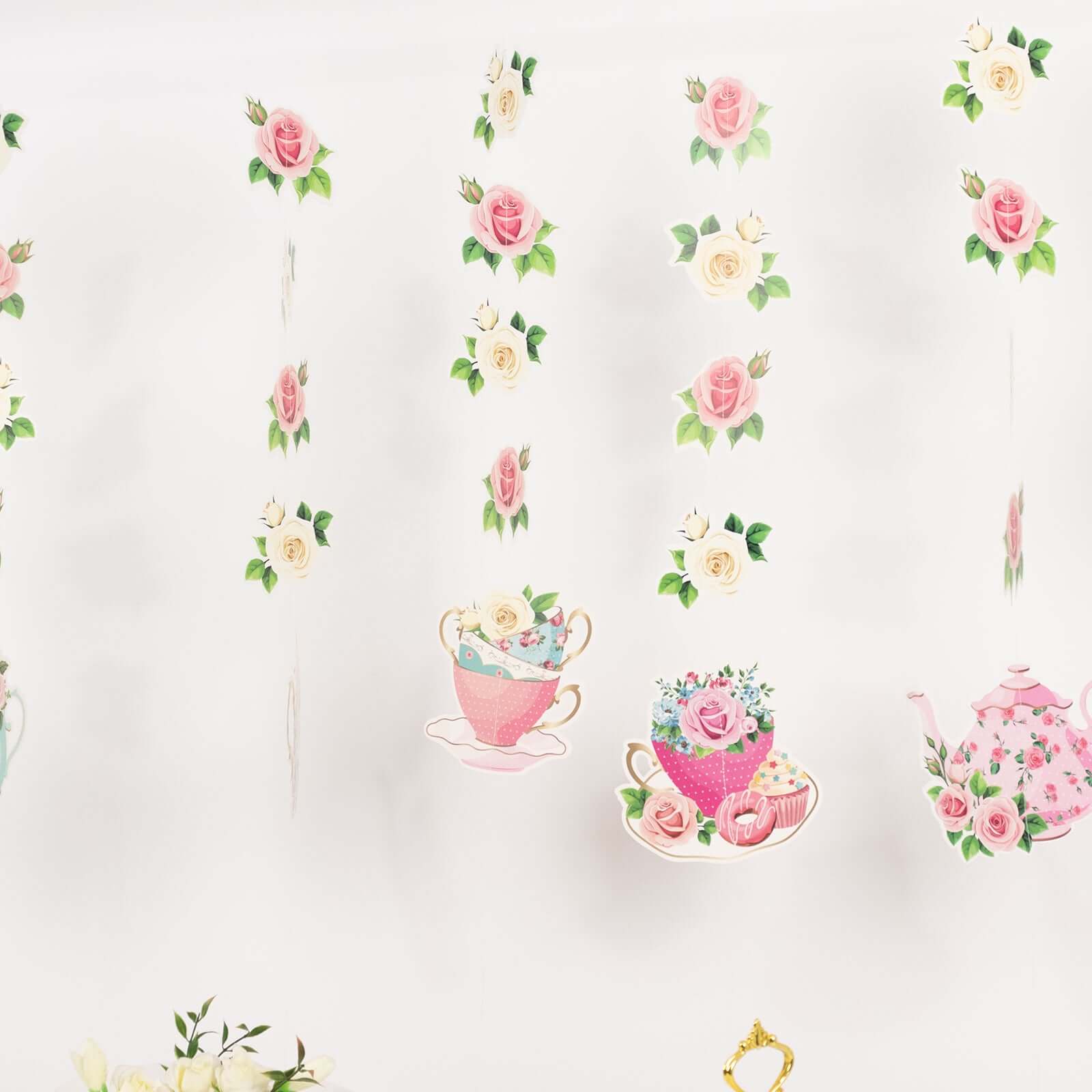 8 Pack Double Sided Floral Tea Party Paper Garland, Pre-Assembled Mixed Teapot Banner Hanging Decorations - 40" - Image 2