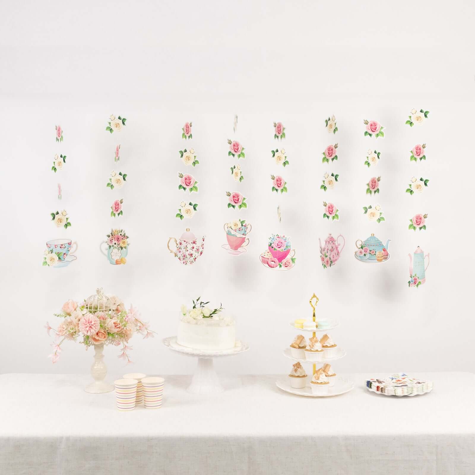 8 Pack Double Sided Floral Tea Party Paper Garland, Pre-Assembled Mixed Teapot Banner Hanging Decorations - 40" - Image 8