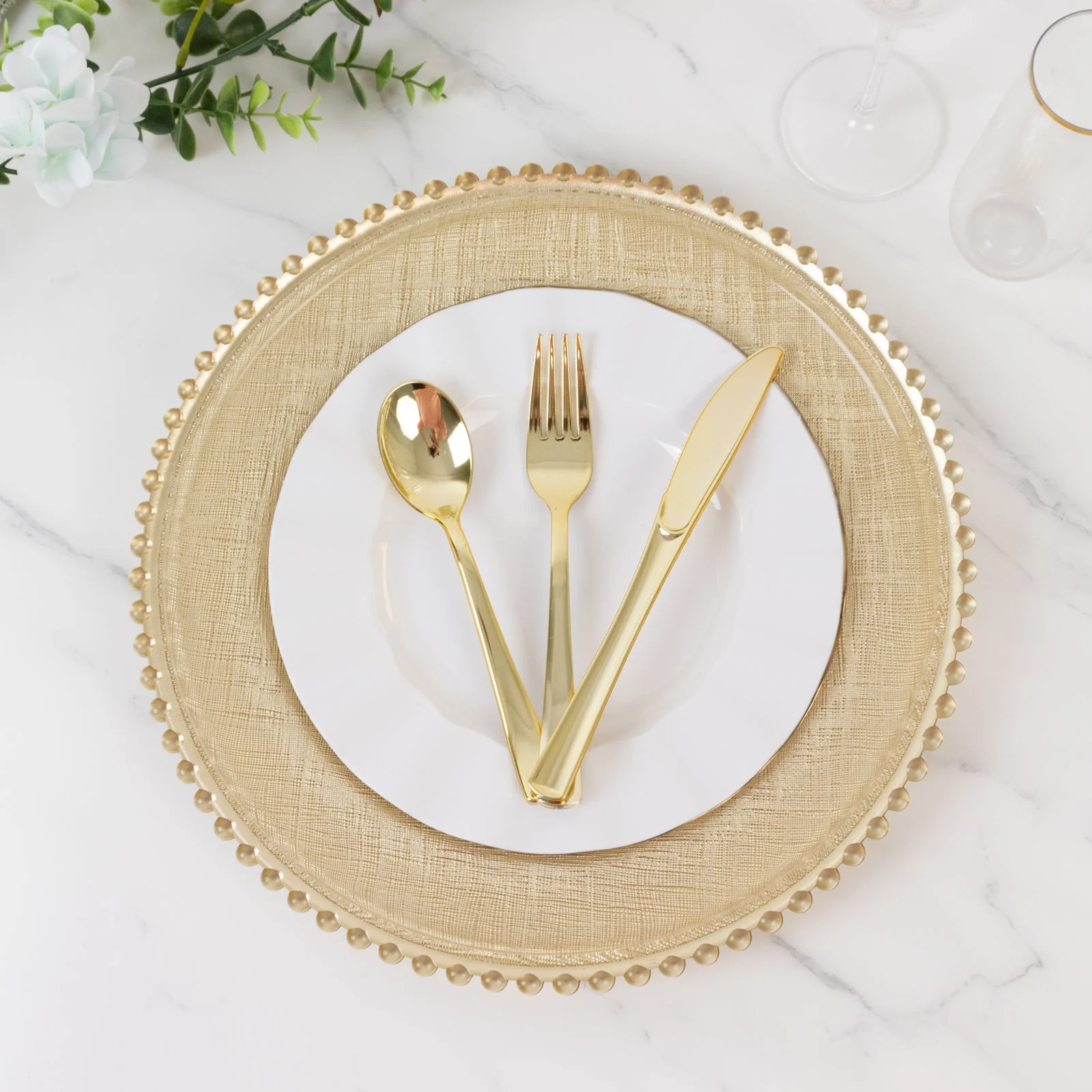 8-Pack Glass Charger Plates 12" Round Gold with Beaded Rim & Cross-Stitch Pattern - Event Tabletop Decorative Dinner Charger Tableware - Image 4
