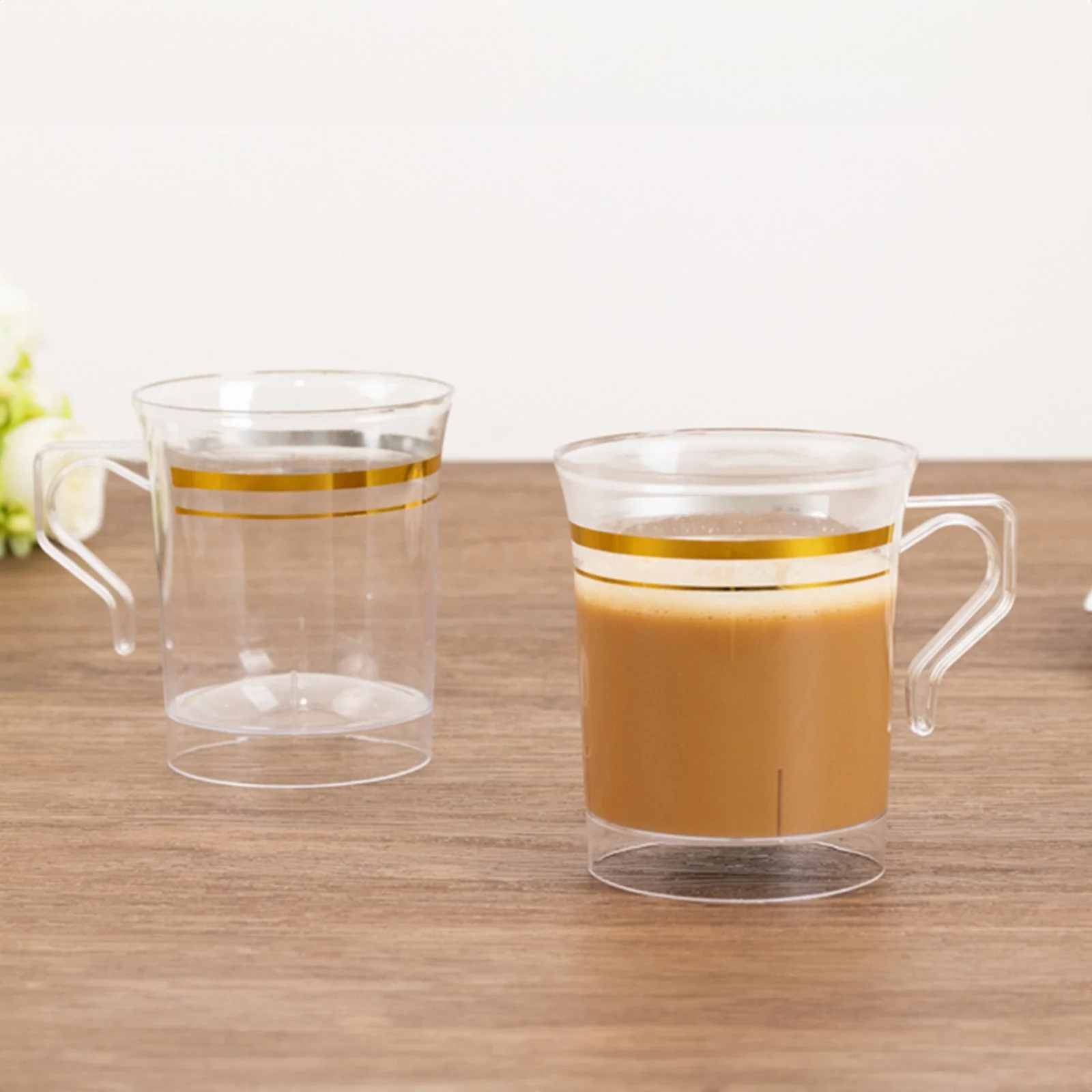 8-Pack Plastic Coffee Mugs 8oz Clear with Gold Stripes - Disposable Tea Cups with Handle 3.5" - Image 5