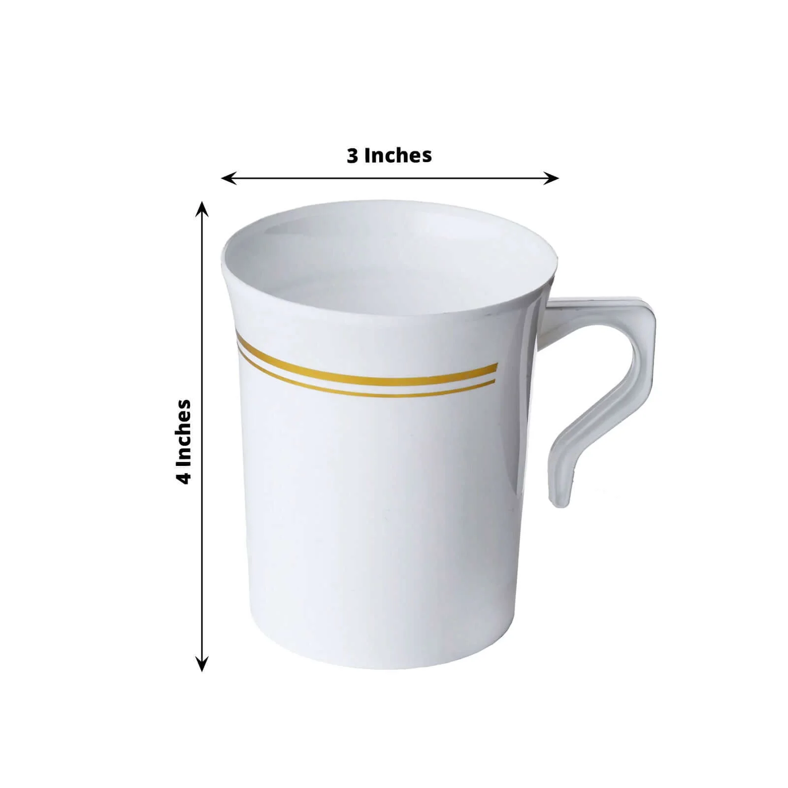 8-Pack Plastic Coffee Mugs 8oz White with Gold Stripes - Disposable Tea Cups with Handle 4" - Image 3
