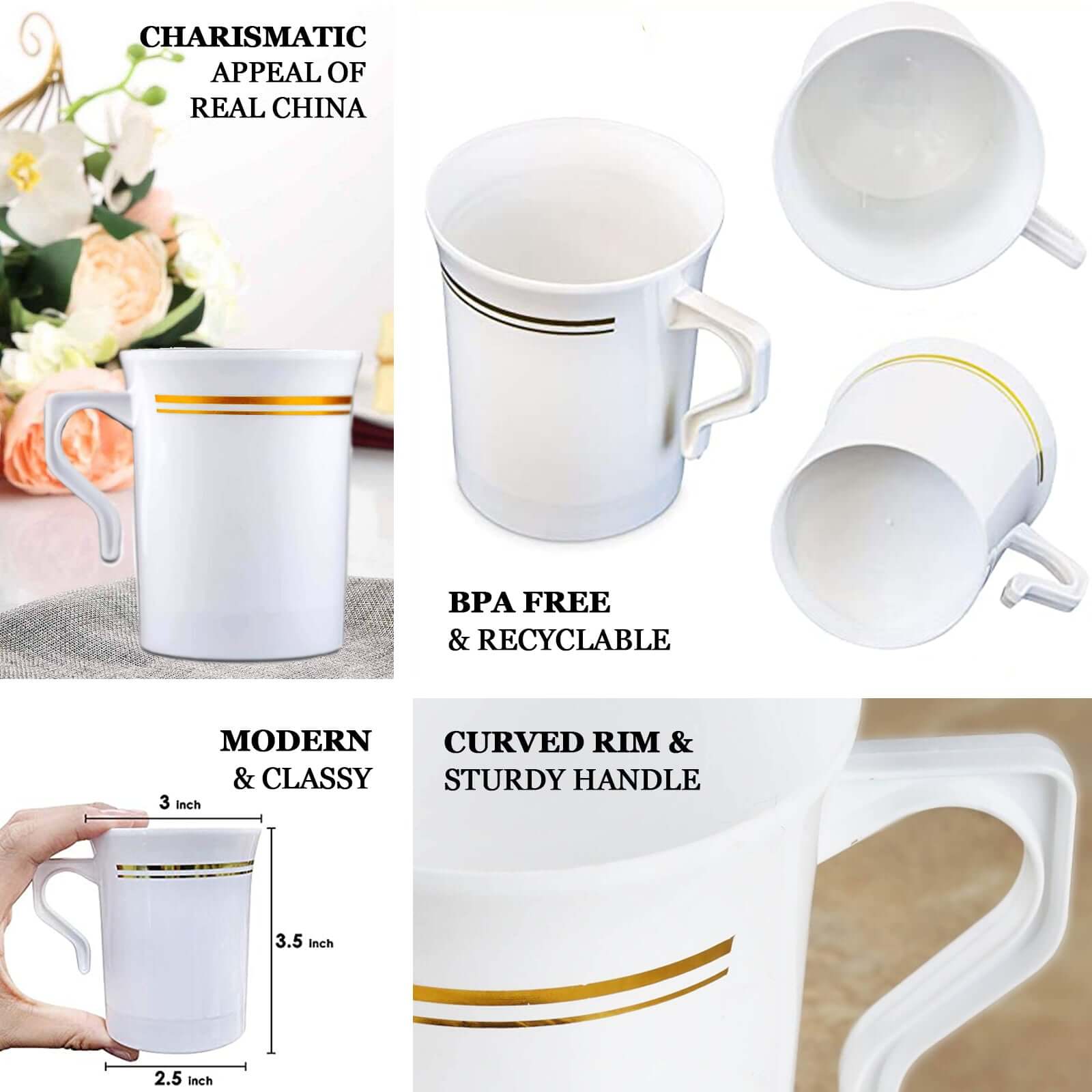8-Pack Plastic Coffee Mugs 8oz White with Gold Stripes - Disposable Tea Cups with Handle 4" - Image 4
