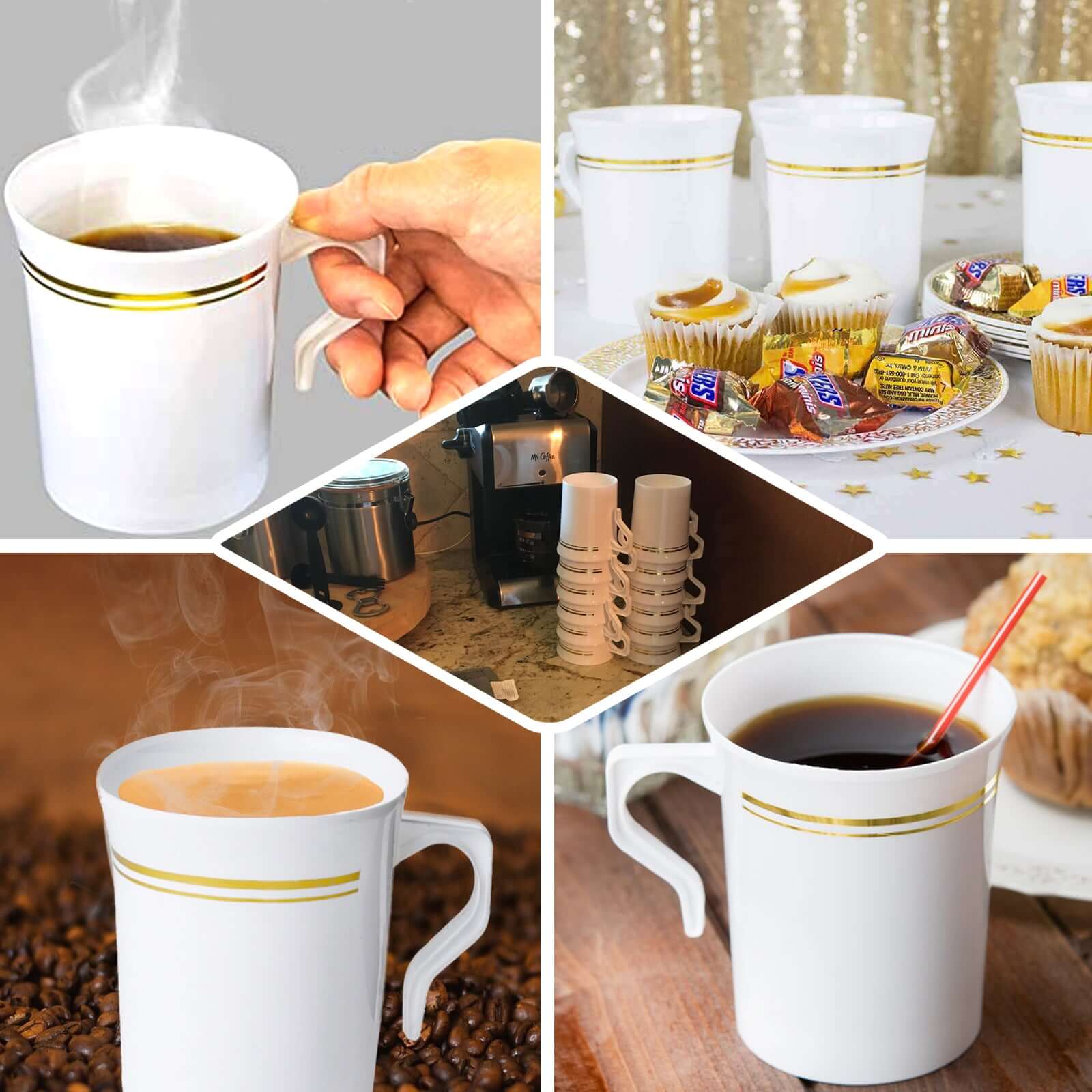 8-Pack Plastic Coffee Mugs 8oz White with Gold Stripes - Disposable Tea Cups with Handle 4" - Image 5