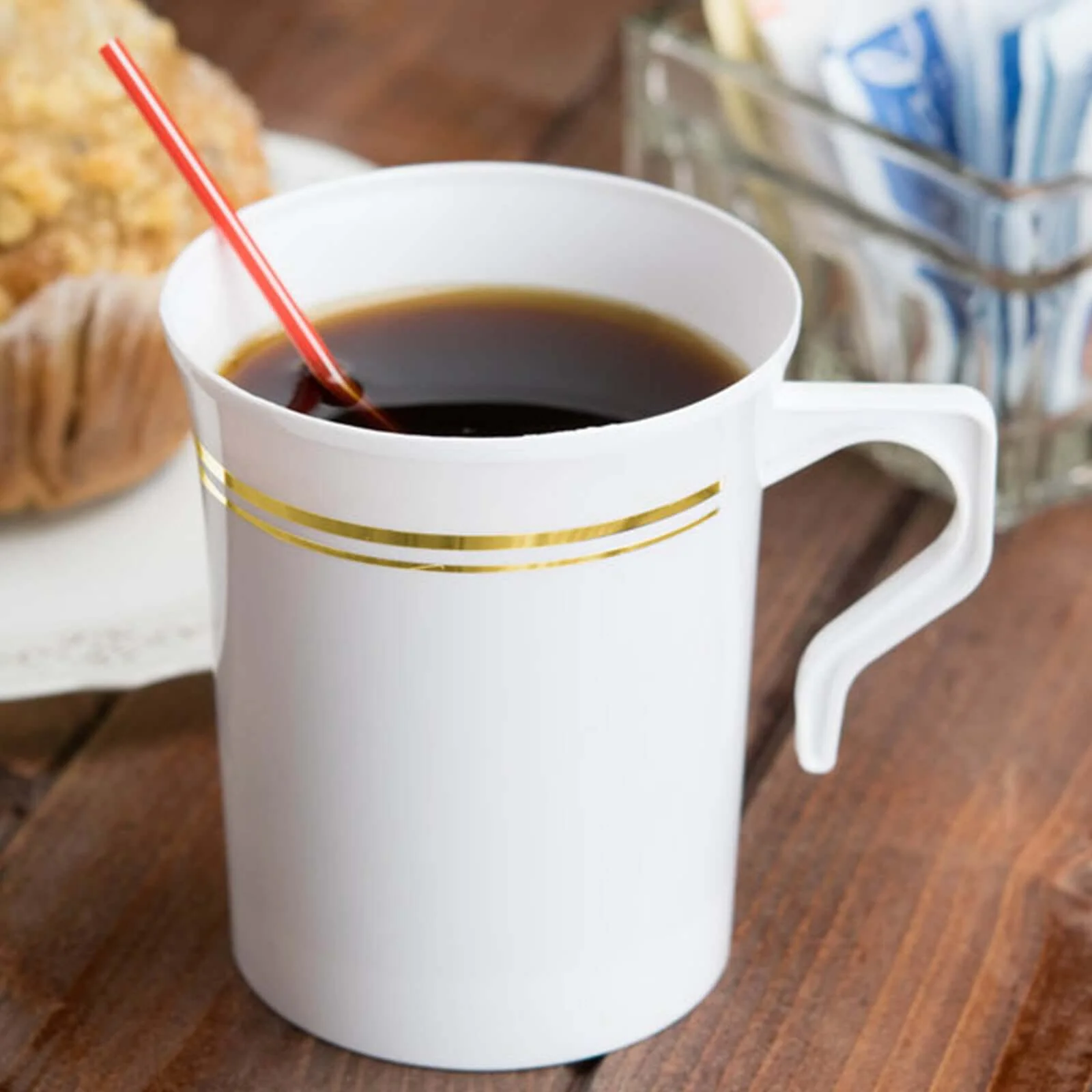 8-Pack Plastic Coffee Mugs 8oz White with Gold Stripes - Disposable Tea Cups with Handle 4" - Image 7