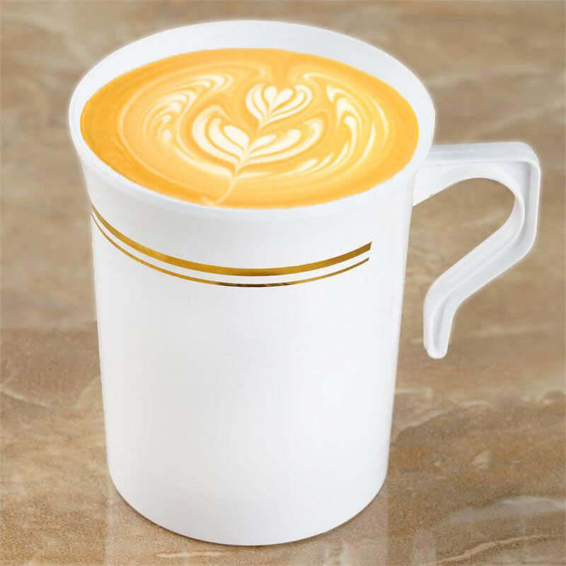 8-Pack Plastic Coffee Mugs 8oz White with Gold Stripes - Disposable Tea Cups with Handle 4" - Image 8