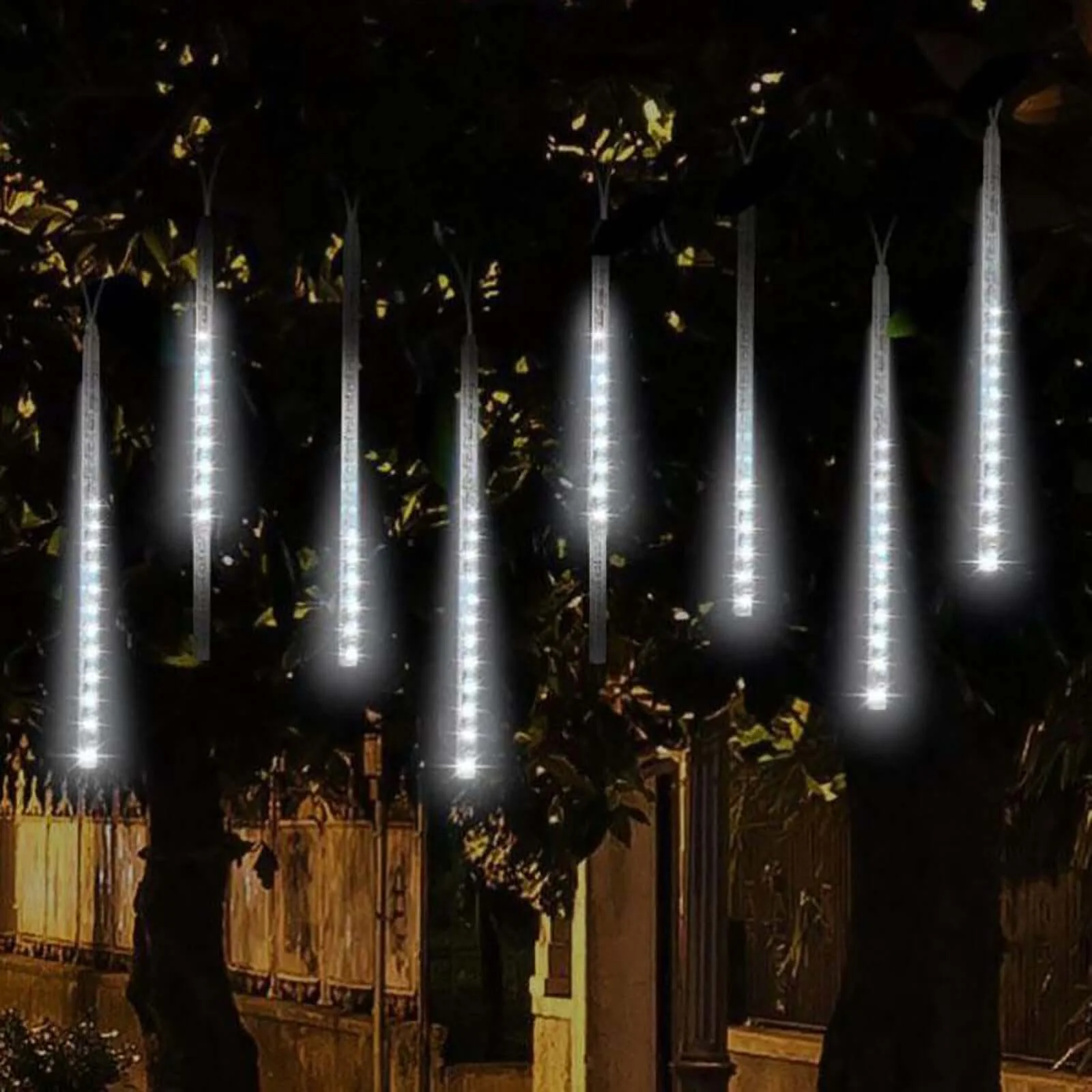 8 Tubes LED String Lights 12" Hanging Icicle Design Clear - Waterproof Meteor Shower Effect - Image 13