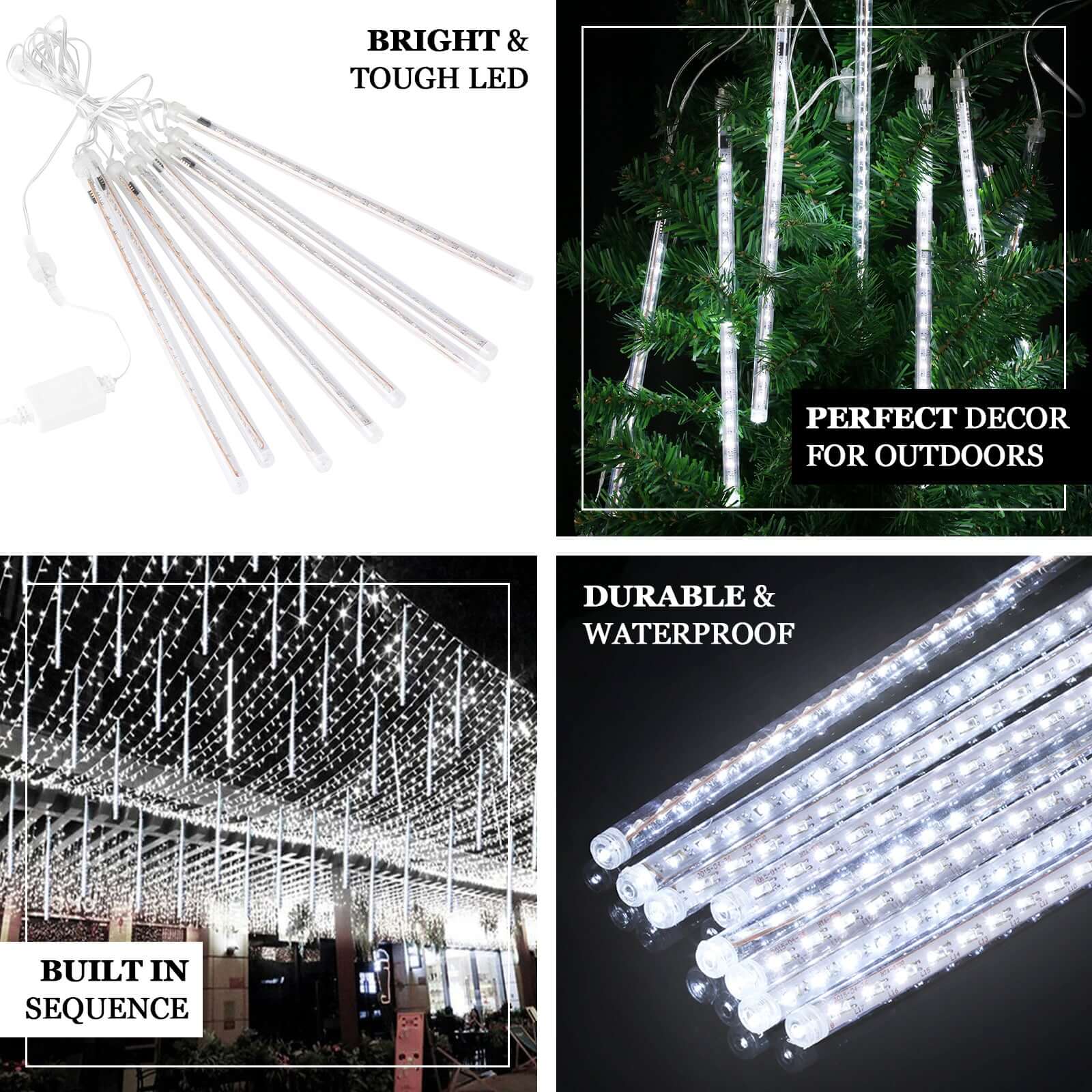 8 Tubes LED String Lights 12" Hanging Icicle Design Clear - Waterproof Meteor Shower Effect - Image 3