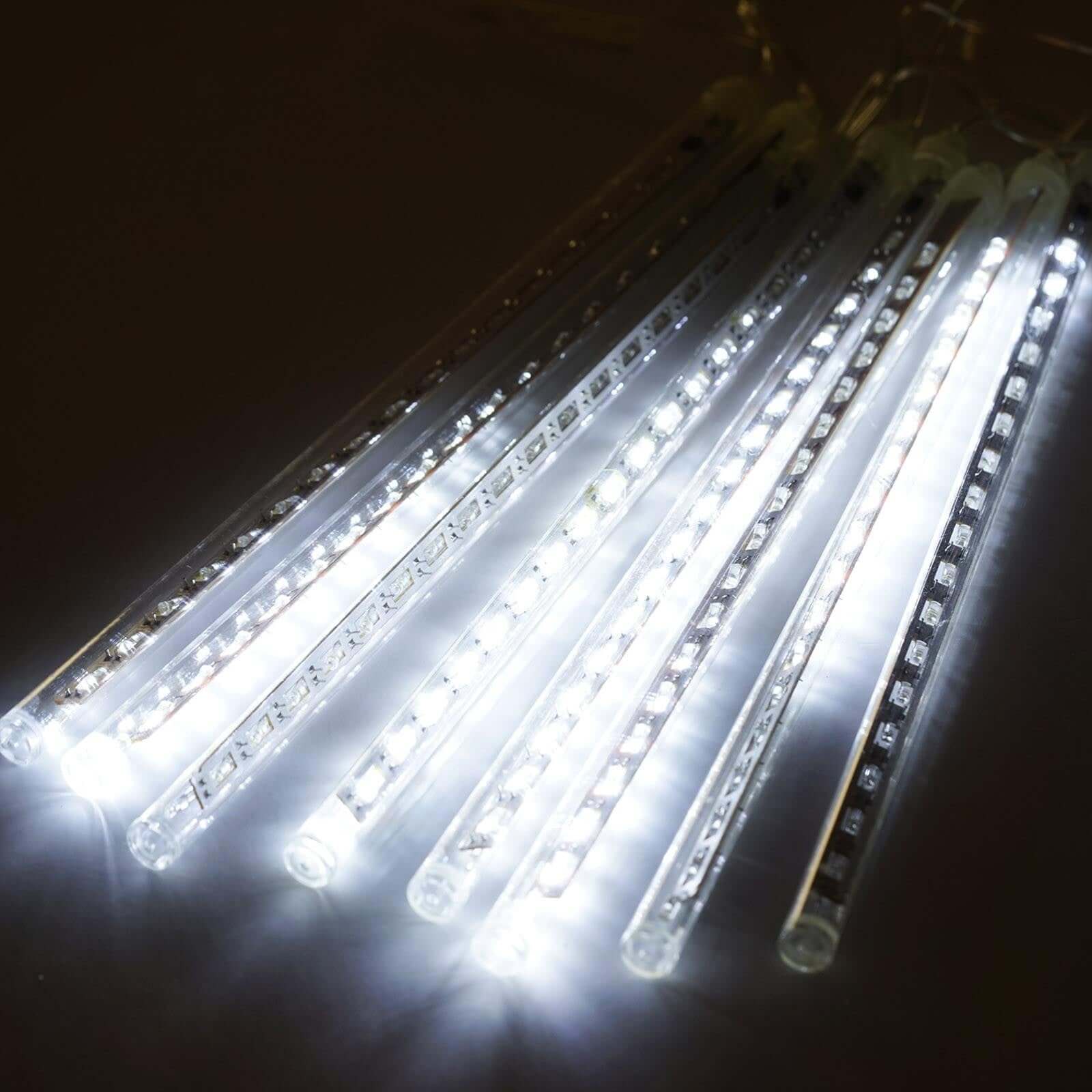8 Tubes LED String Lights 12" Hanging Icicle Design Clear - Waterproof Meteor Shower Effect - Image 5
