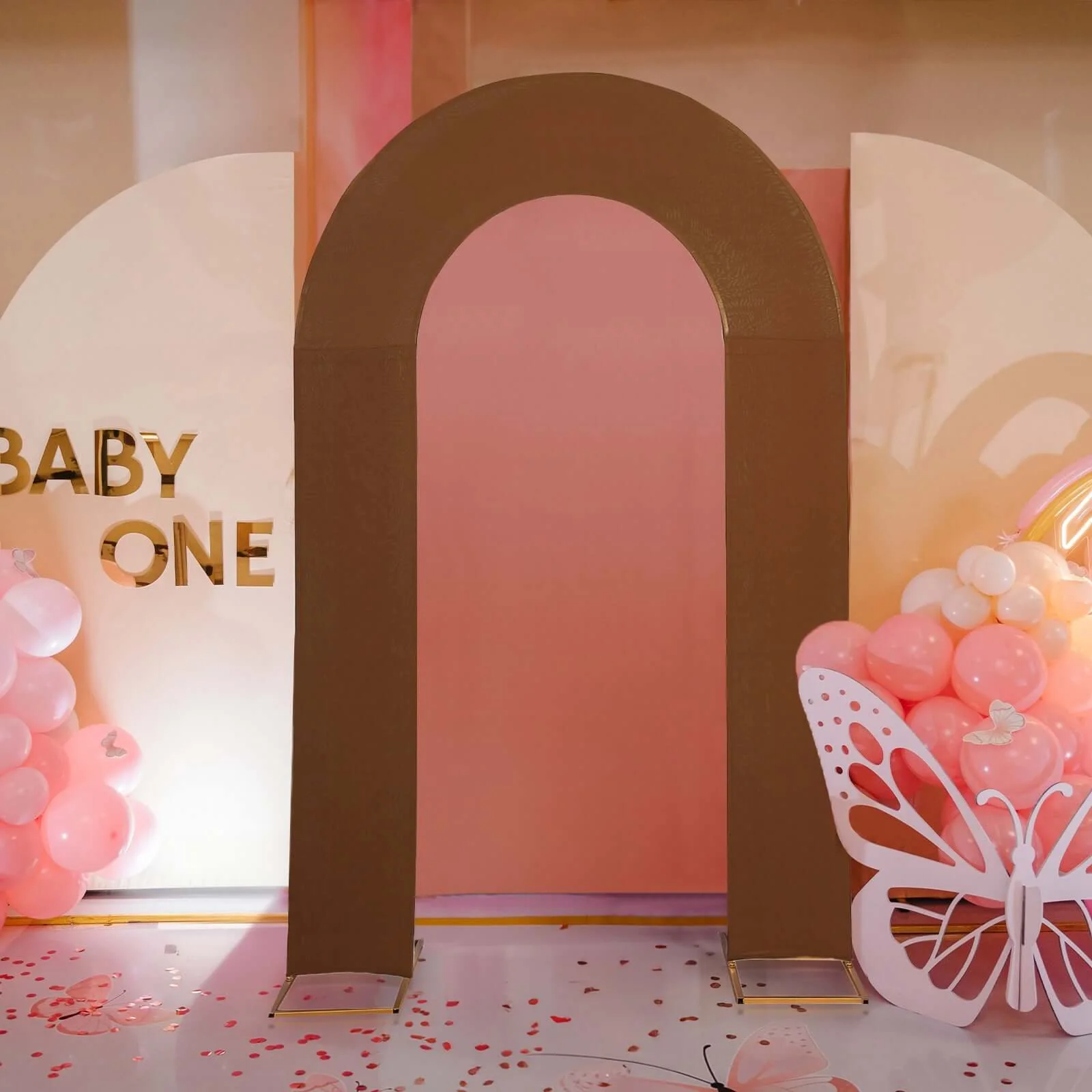 Cinnamon Brown Spandex Fitted Open Arch Backdrop Cover, Double-Sided U-Shaped Wedding Arch Slipcover 8ft - Image 2