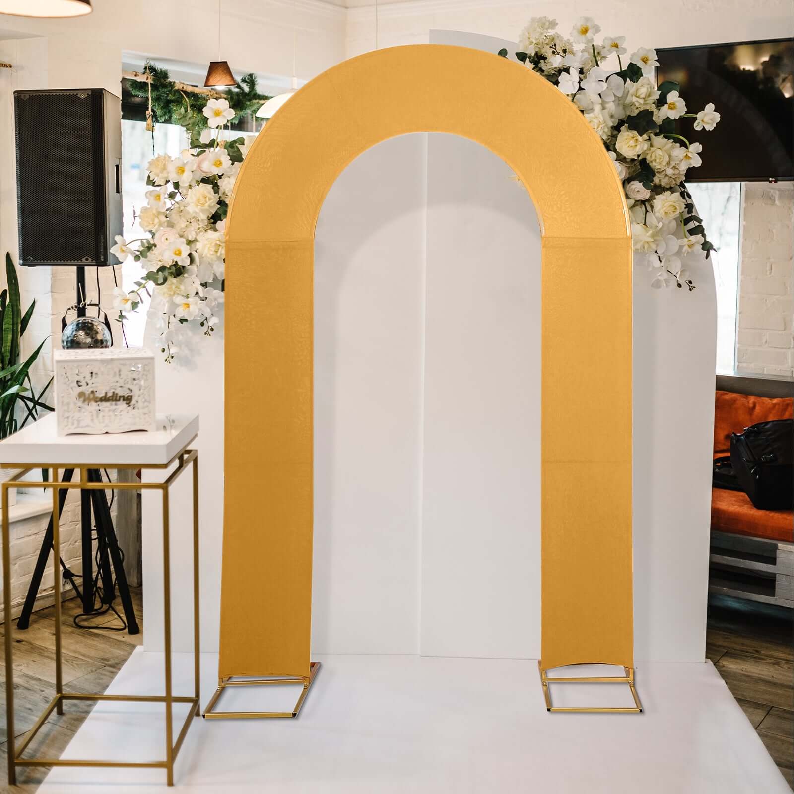 Gold Spandex Fitted Open Arch Backdrop Cover, Double-Sided U-Shaped Wedding Arch Slipcover 8ft - Image 2