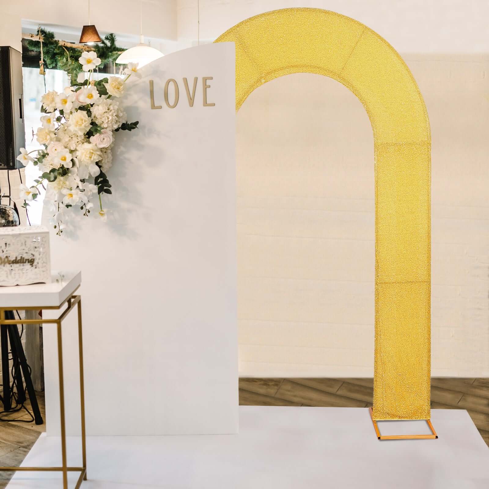 Gold Spandex Fitted Open Arch Backdrop Cover With Shimmer Tinsel Finish, Double-Sided U-Shaped Wedding Arch Slipcover 8ft - Image 2