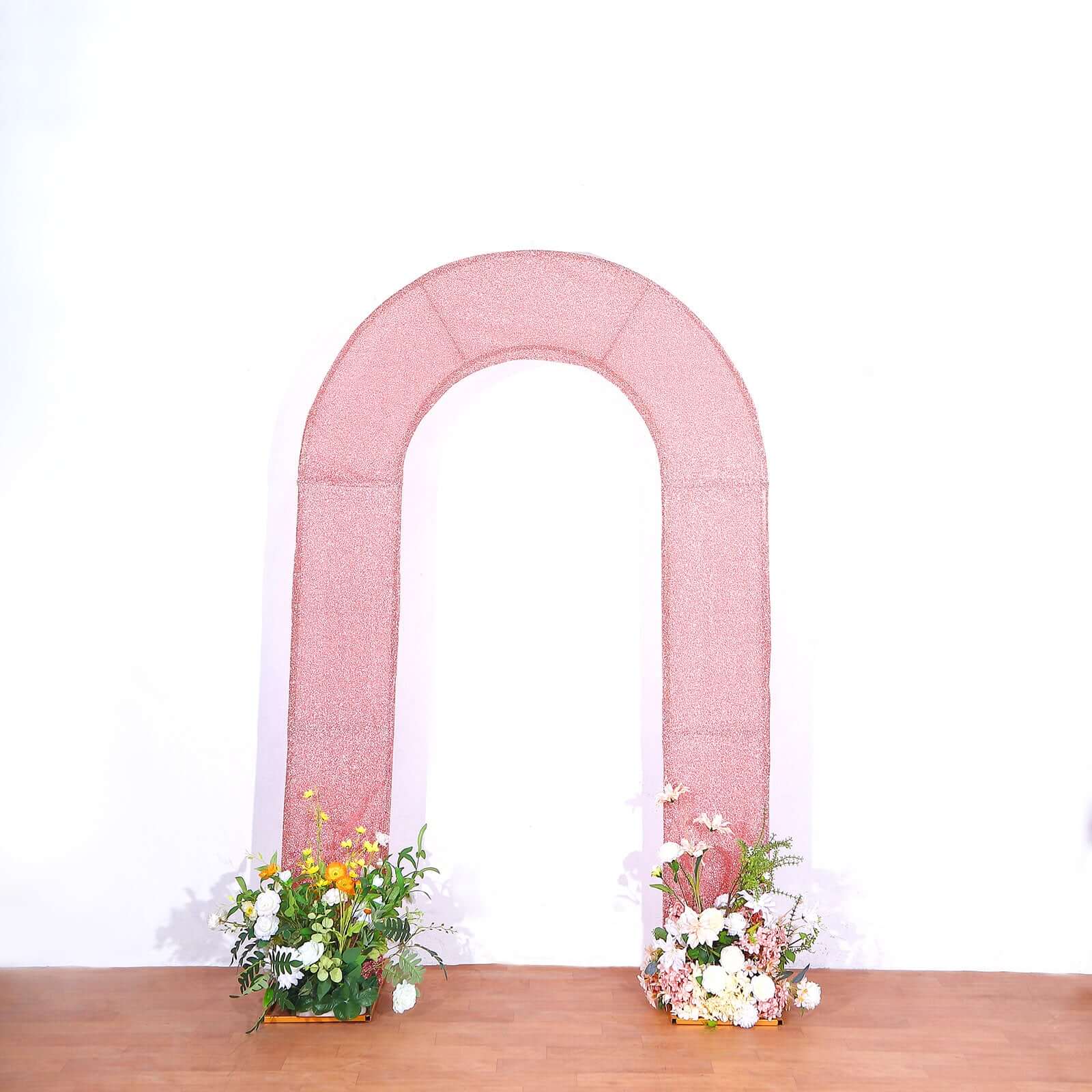 Rose Gold Spandex Fitted Open Arch Backdrop Cover With Shimmer Tinsel Finish, Double-Sided U-Shaped Wedding Arch Slipcover 8ft - Image 12