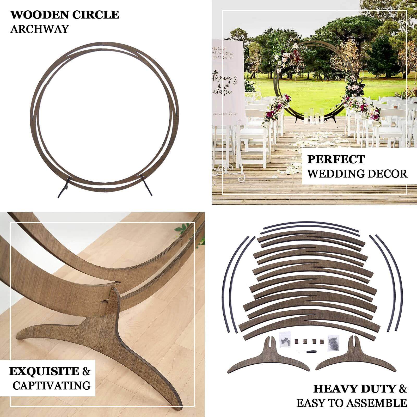 Rustic Natural Brown Wood Wedding Arch Photo Backdrop Stand, DIY Round Event Party Arbor 8ft - Image 4