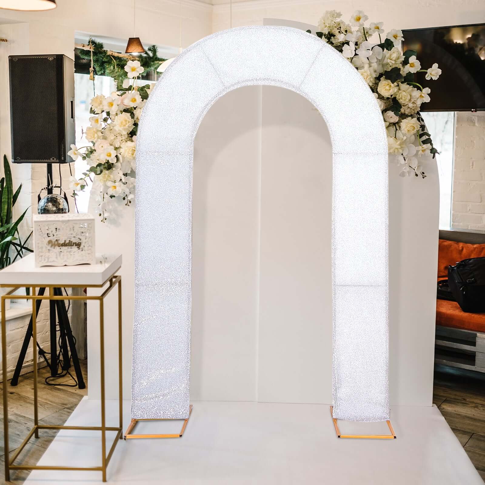 Silver Spandex Fitted Open Arch Backdrop Cover With Shimmer Tinsel Finish, Double-Sided U-Shaped Wedding Arch Slipcover 8ft - Image 2