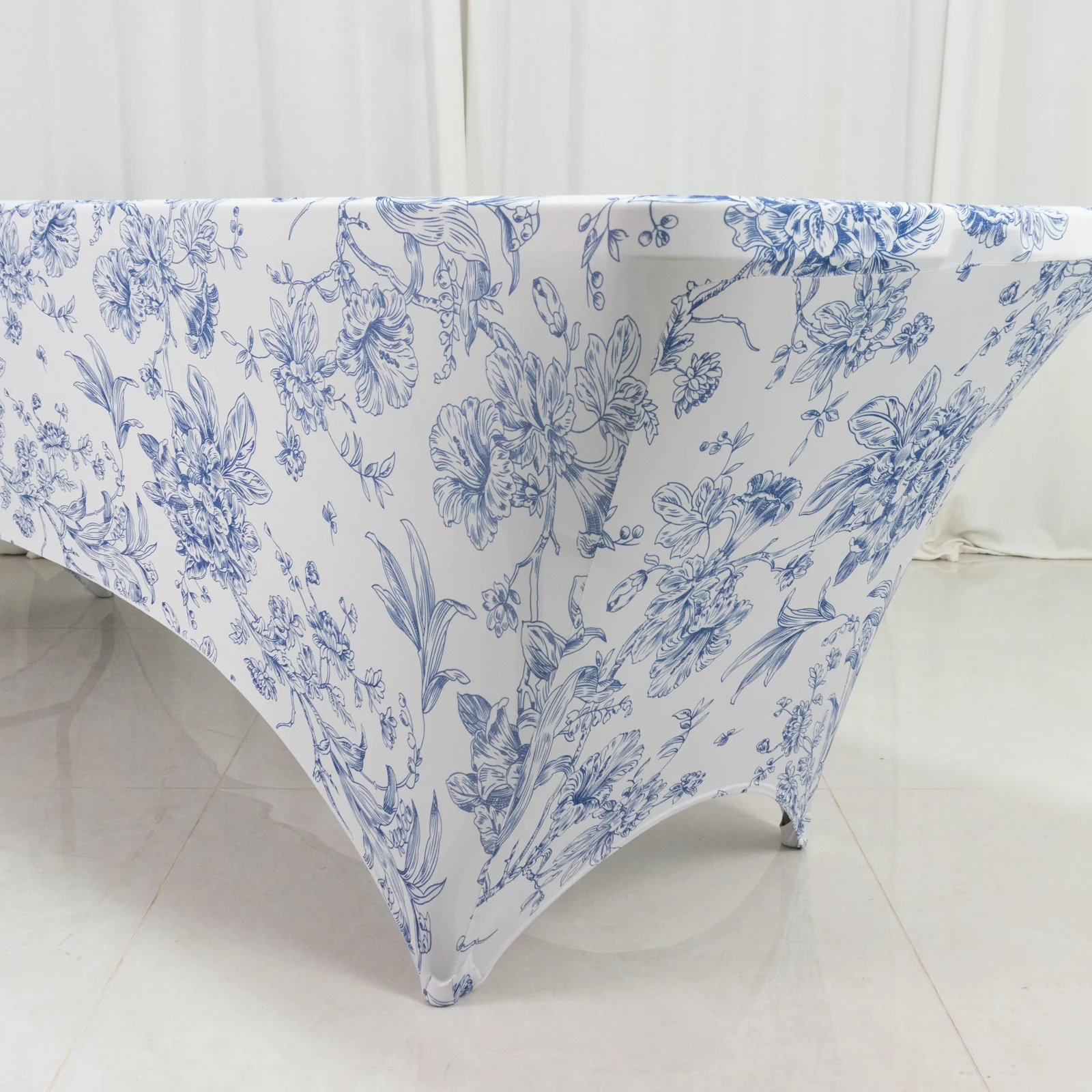 Spandex Fitted Rectangle Tablecloth 8ft – White & Blue French Toile Wrinkle-Free Stretch Table Cover - Image 2