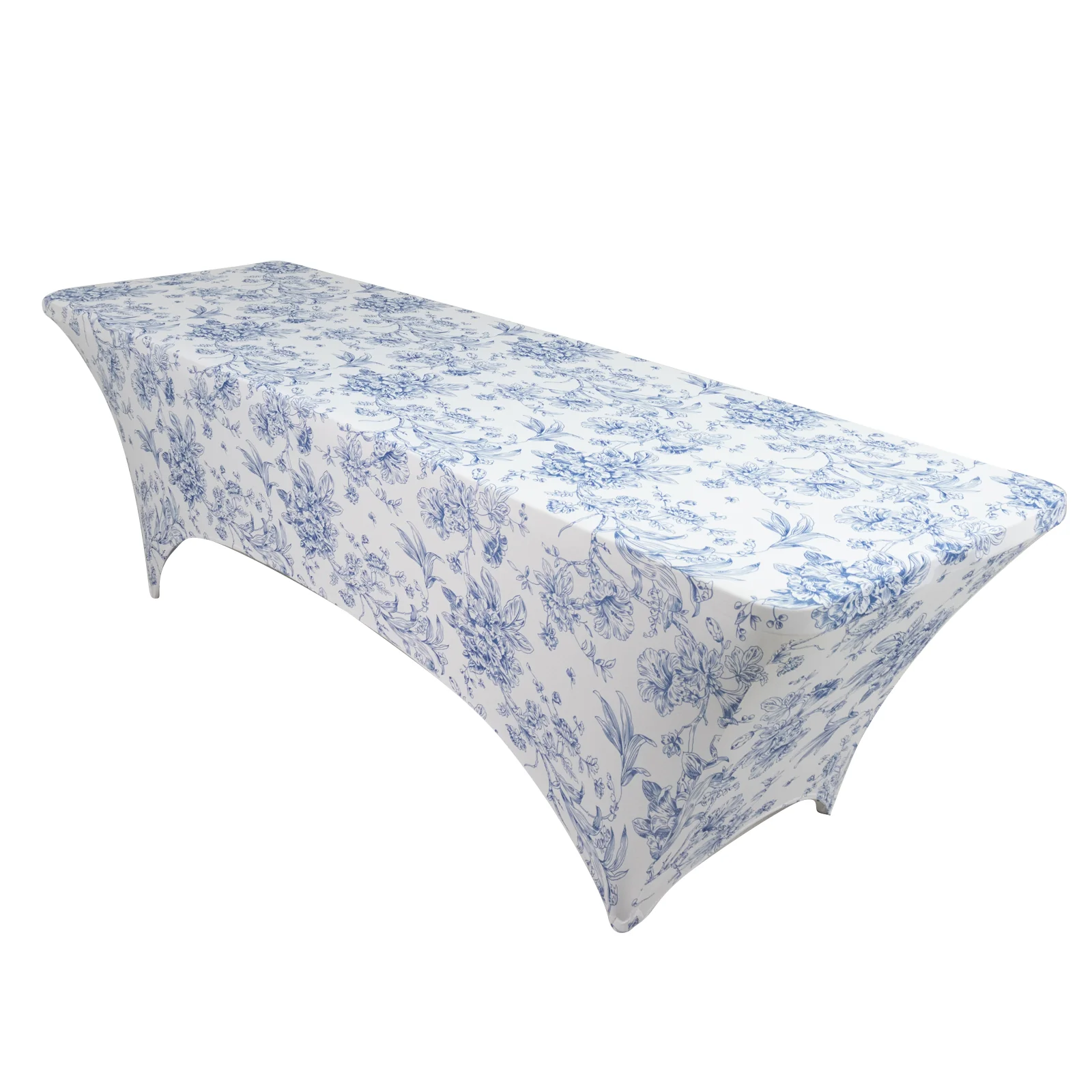 Spandex Fitted Rectangle Tablecloth 8ft – White & Blue French Toile Wrinkle-Free Stretch Table Cover - Image 3