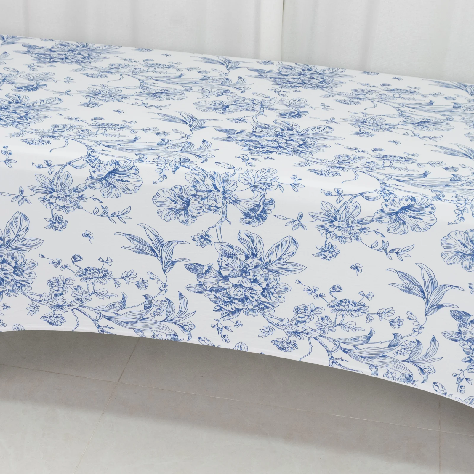 Spandex Fitted Rectangle Tablecloth 8ft – White & Blue French Toile Wrinkle-Free Stretch Table Cover - Image 4