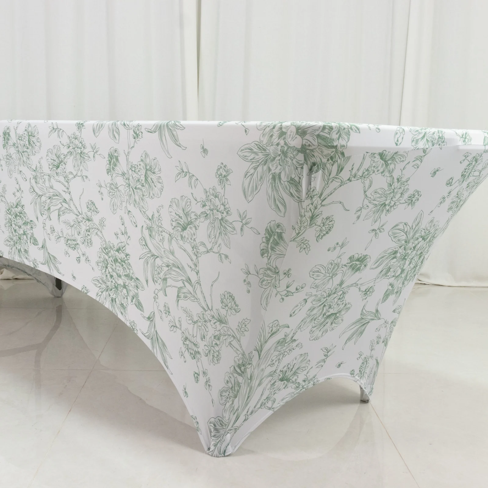 Spandex Fitted Rectangle Tablecloth 8ft – White & Dusty Sage Green French Toile Wrinkle-Free Stretch Table Cover - Image 2