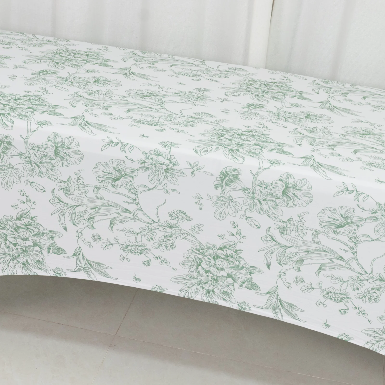 Spandex Fitted Rectangle Tablecloth 8ft – White & Dusty Sage Green French Toile Wrinkle-Free Stretch Table Cover - Image 4