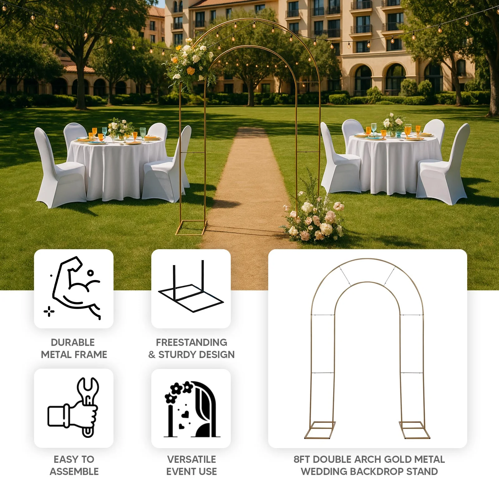 Gold Metal Round Top Double Arch Wedding Backdrop Stand, Flower Balloon Frame Ceremony Arbor 8ft Tall - Image 4