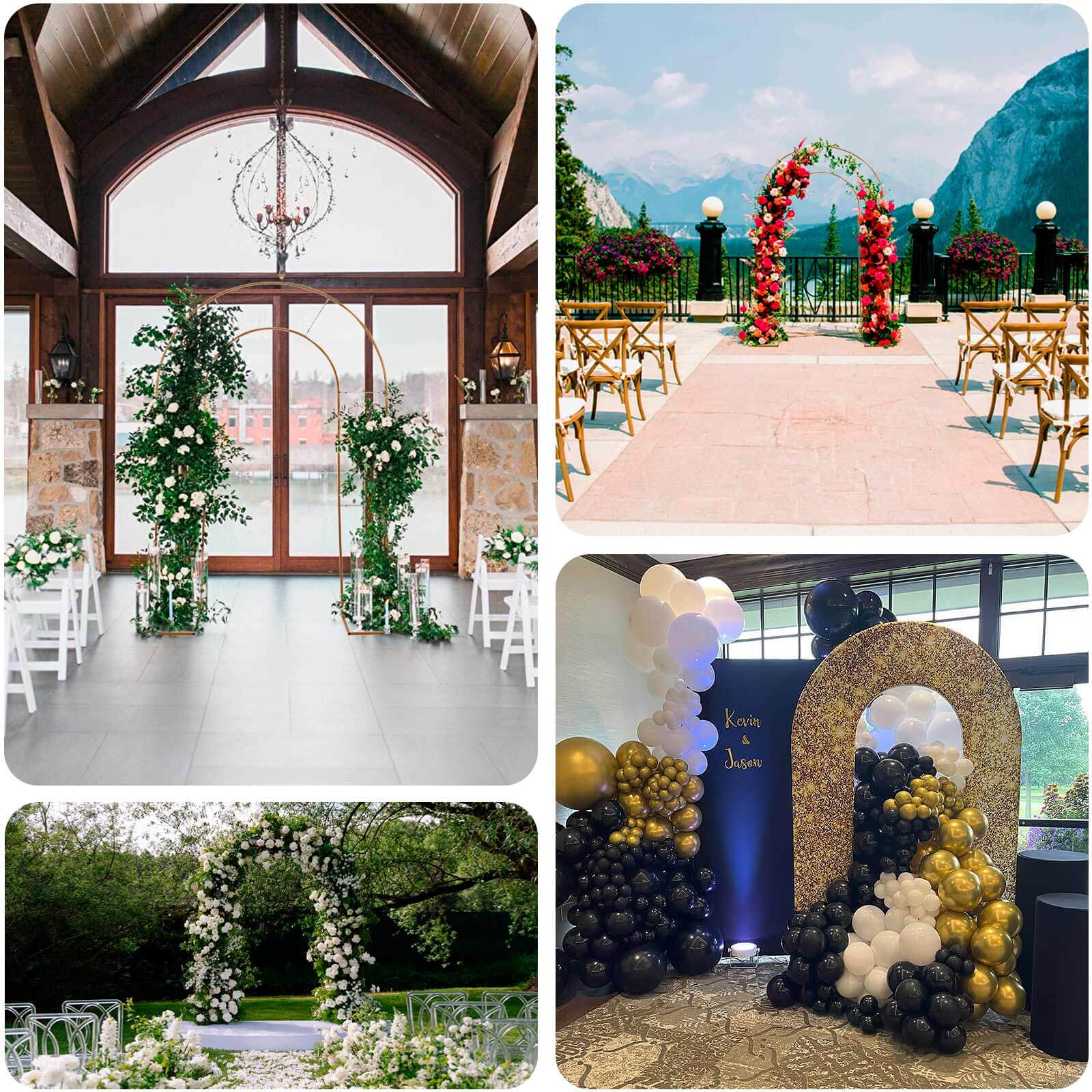 Gold Metal Round Top Double Arch Wedding Backdrop Stand, Flower Balloon Frame Ceremony Arbor 8ft Tall - Image 5