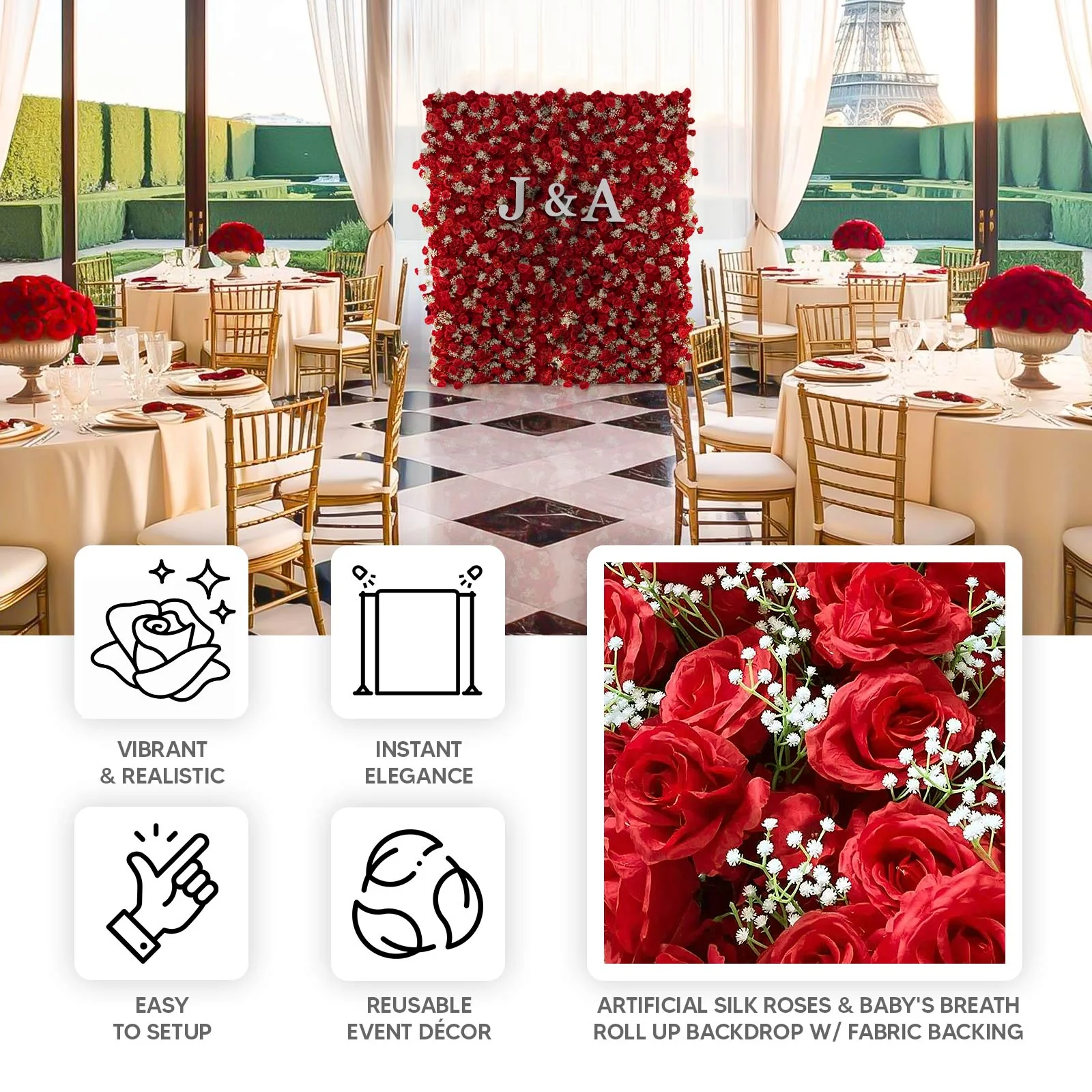 Roll Up Flower Wall Backdrop with Fabric Backing – 8ftx4ft Red Artificial Silk Roses & Baby's Breath - Image 3