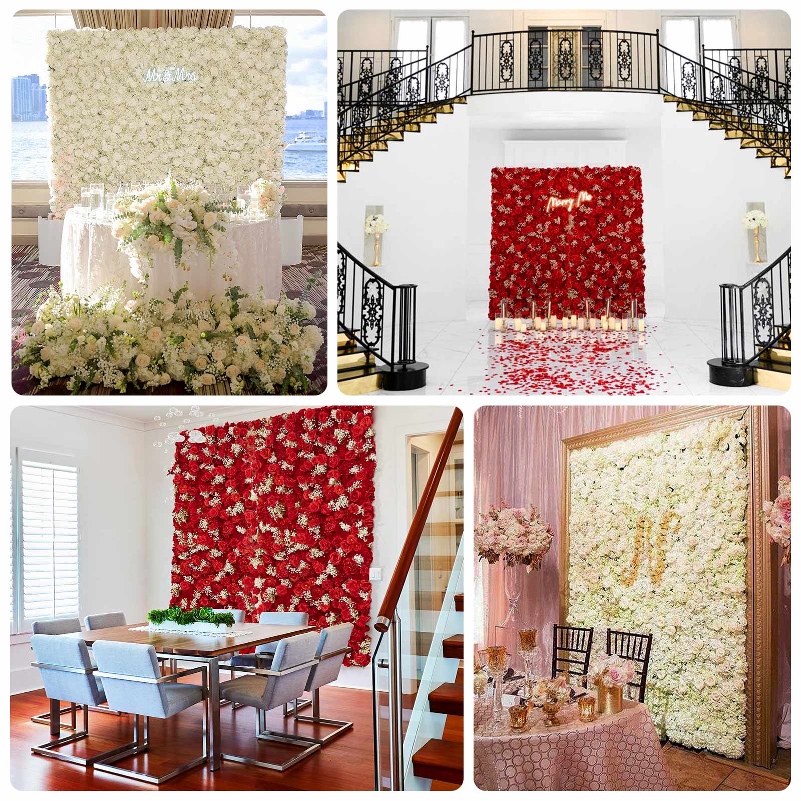 Roll Up Flower Wall Backdrop with Fabric Backing – 8ftx4ft Red Artificial Silk Roses & Baby's Breath - Image 4