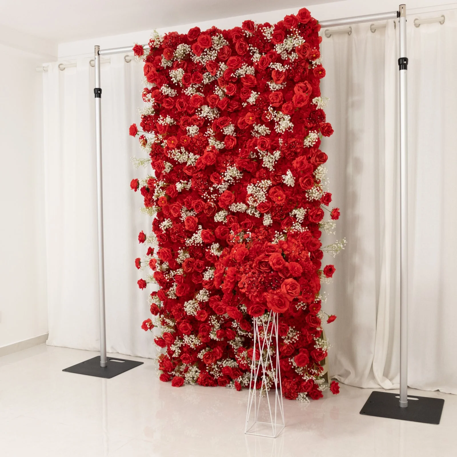 Roll Up Flower Wall Backdrop with Fabric Backing – 8ftx4ft Red Artificial Silk Roses & Baby's Breath - Image 8