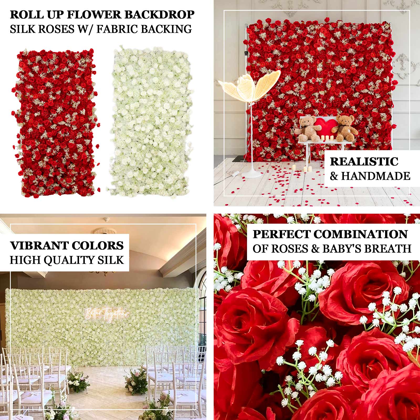 Roll Up Flower Wall Backdrop with Fabric Backing – 8ftx4ft White Artificial Silk Roses & Baby's Breath - Image 3
