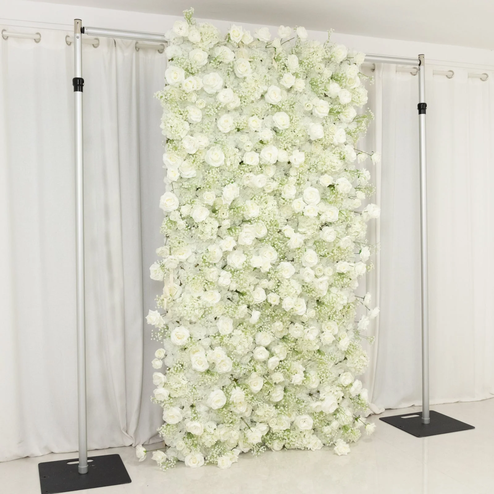 Roll Up Flower Wall Backdrop with Fabric Backing – 8ftx4ft White Artificial Silk Roses & Baby's Breath - Image 7