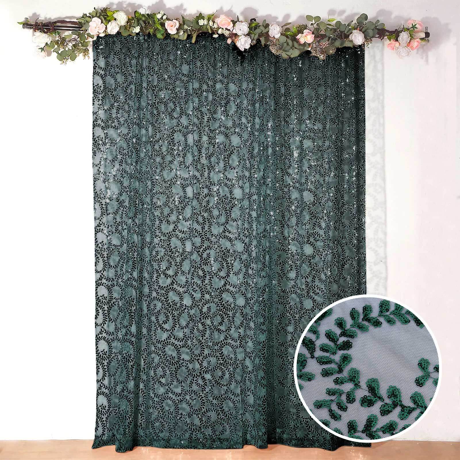 Hunter Emerald Green Embroider Sequin Backdrop Drape Curtain, Sparkly Sheer Event Divider Panel With Embroidery Leaf - 8ftx8ft
