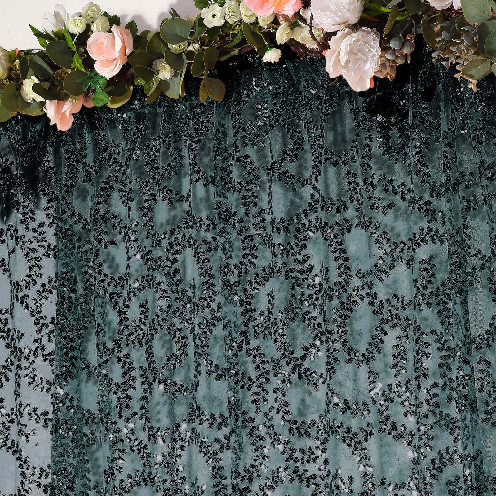 Hunter Emerald Green Embroider Sequin Backdrop Drape Curtain, Sparkly Sheer Event Divider Panel With Embroidery Leaf - 8ftx8ft - Image 2