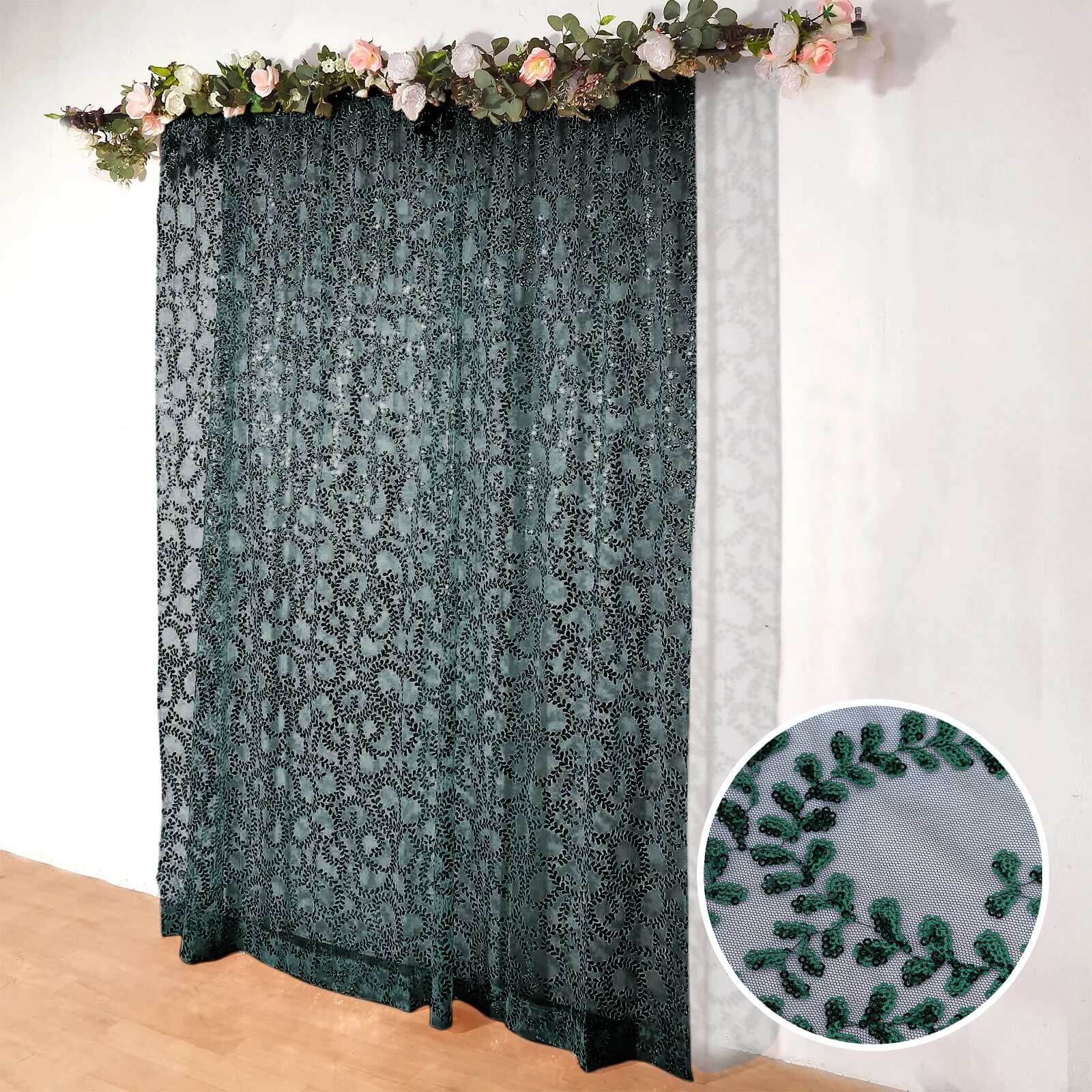 Hunter Emerald Green Embroider Sequin Backdrop Drape Curtain, Sparkly Sheer Event Divider Panel With Embroidery Leaf - 8ftx8ft - Image 3