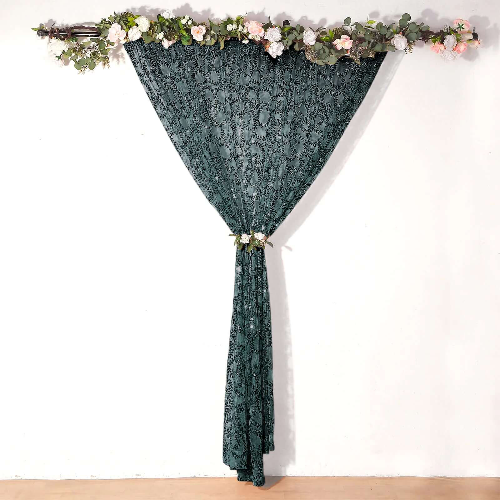 Hunter Emerald Green Embroider Sequin Backdrop Drape Curtain, Sparkly Sheer Event Divider Panel With Embroidery Leaf - 8ftx8ft - Image 9