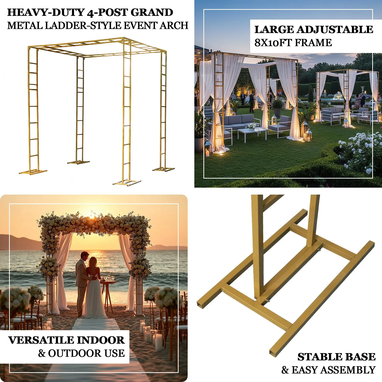 Gold Metal Event Arch & Canopy Frame – Rectangular 8ft x 10ft Heavy-Duty 4-Post Ladder-Style Backdrop Stand, Height Adjustable & Portable - Image 4