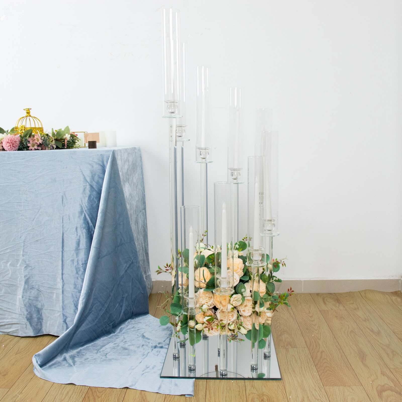 9-Arm Crystal Glass Cluster Candelabra Pedestal Stand 4ft - Square Hurricane Taper Candle Holder Table Centerpiece - Image 5