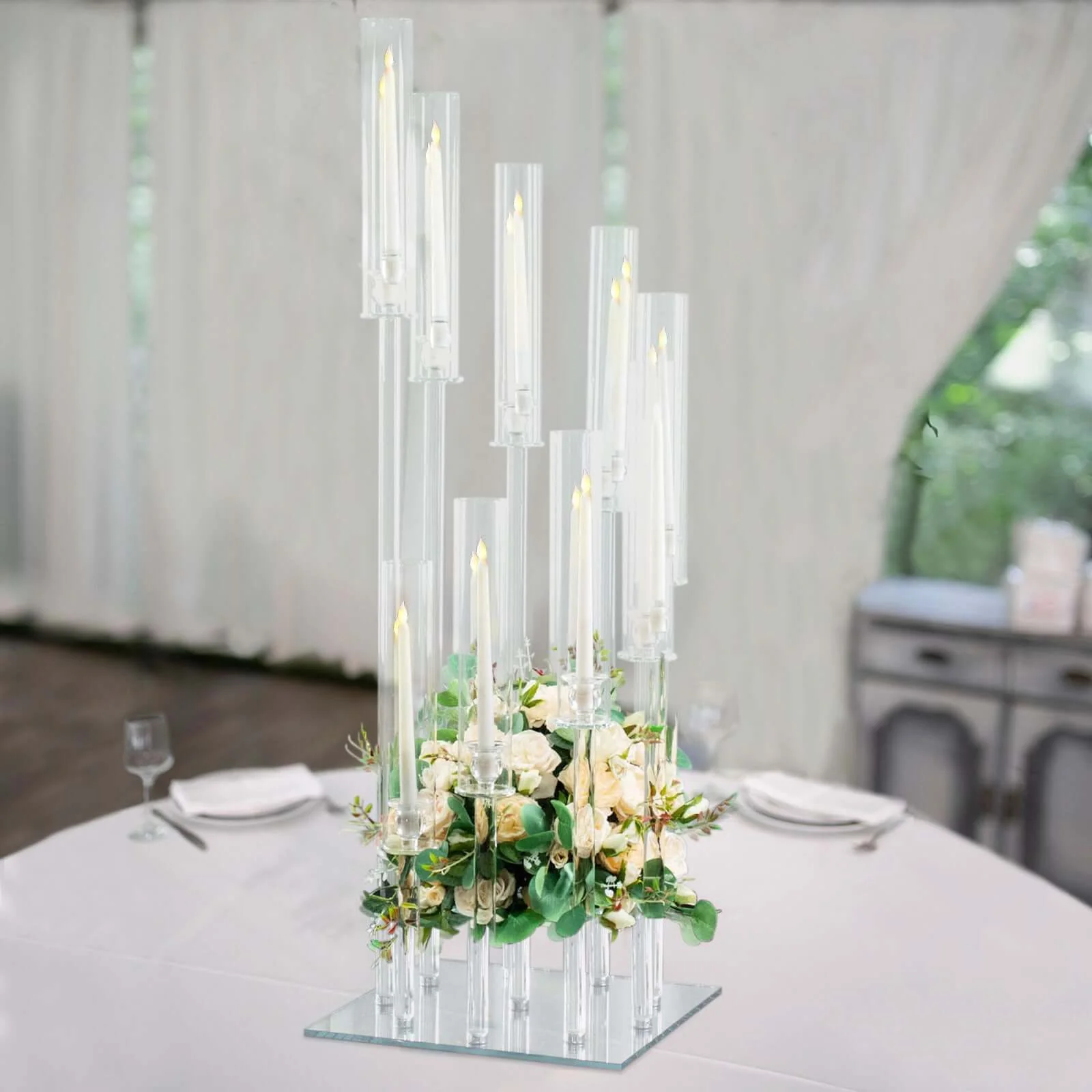 9-Arm Crystal Glass Cluster Candelabra Pedestal Stand 4ft - Square Hurricane Taper Candle Holder Table Centerpiece - Image 6